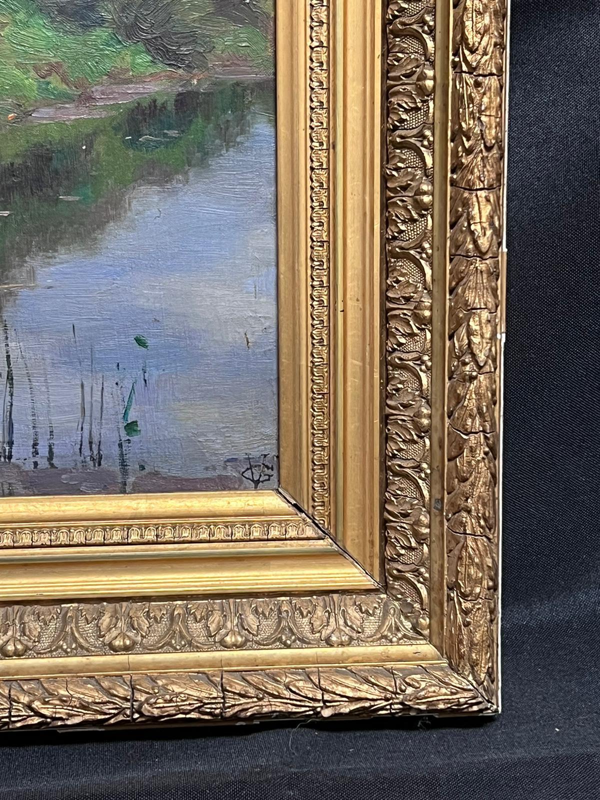 Fine Antique French Impressionist Signed Oil Sludgy Green River Landscape  For Sale 4