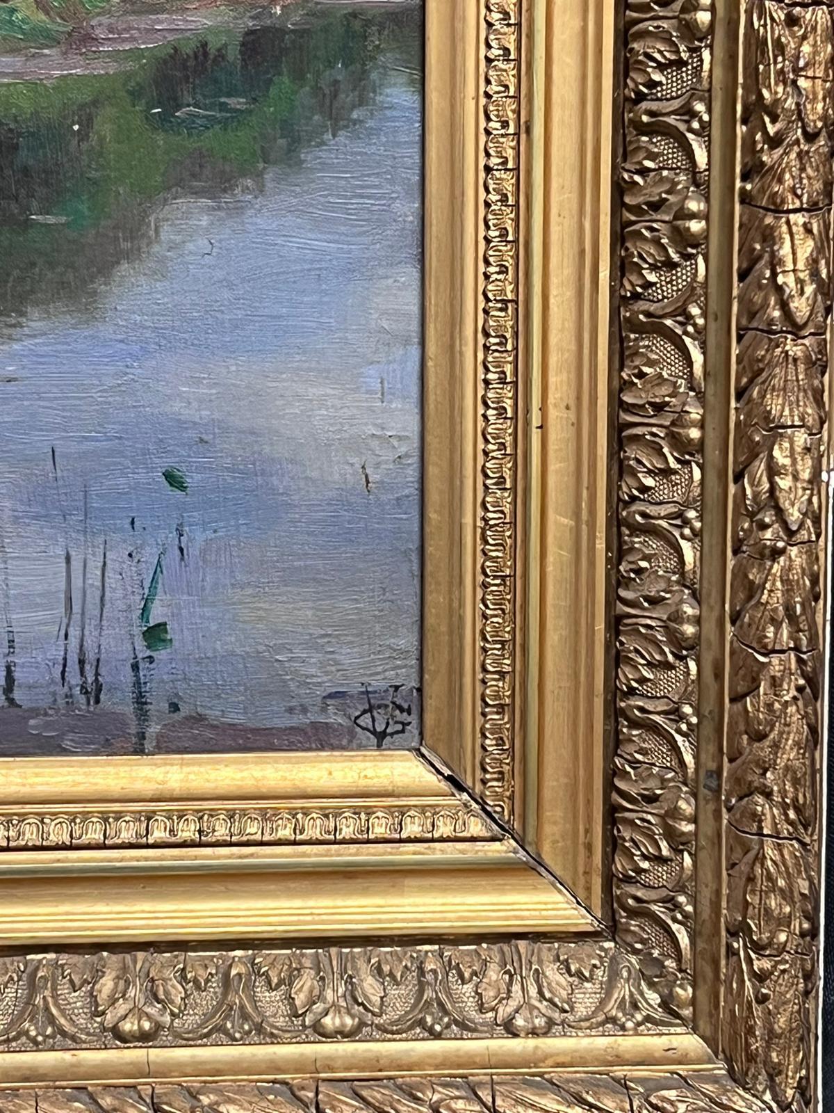 Feine antike französische impressionistische, signierte Öl-Landschaft eines Flusses in Grün, antik  im Angebot 2