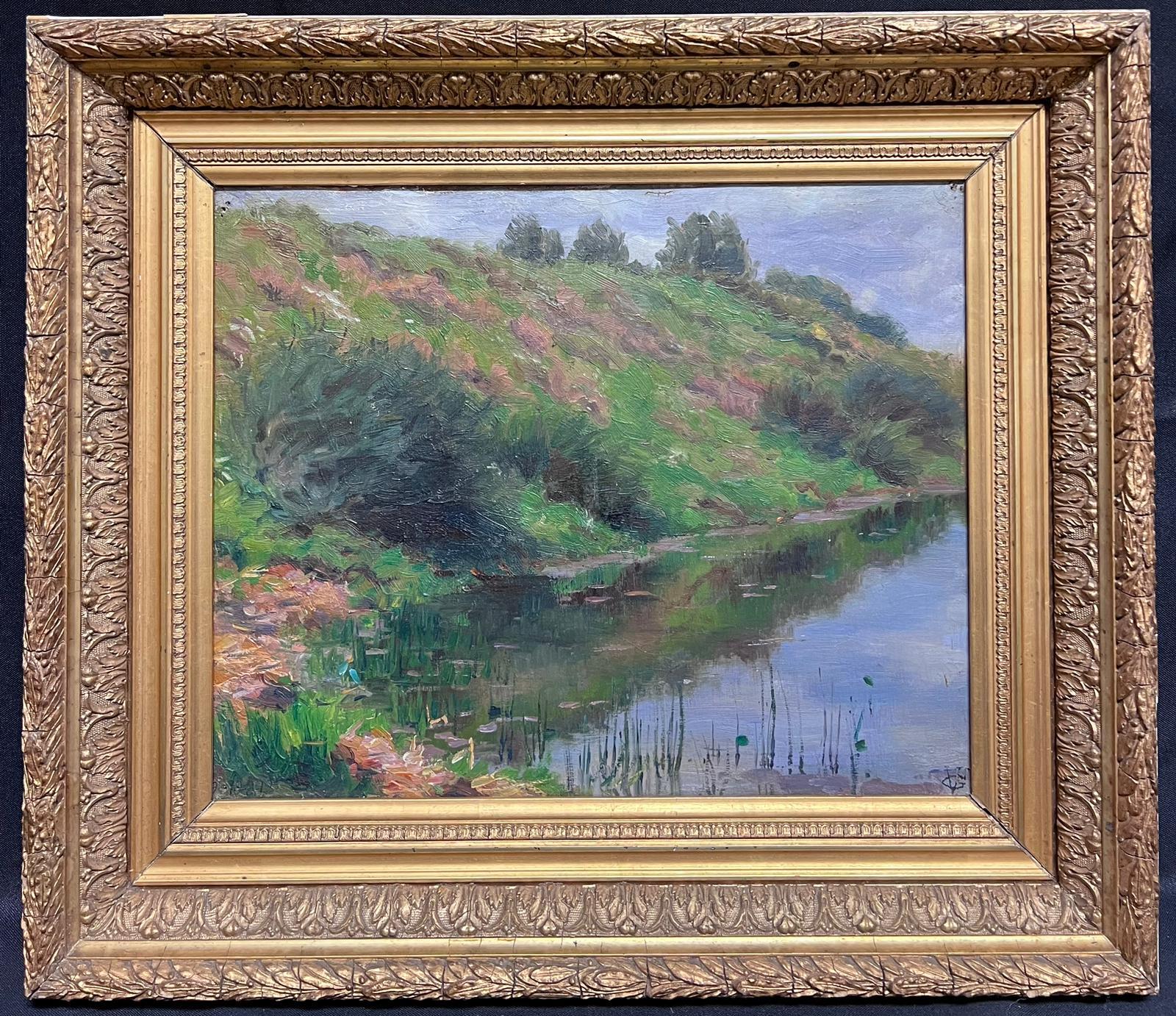 Tranquil River Landscape
French Impressionist School, antique
signed with monogram lower corner
oil on canvas, framed in antique Gil frame
framed: 16.5 x 19 inches
canvas : 11.5 x 14 inches
provenance: private collection, France
condition: very good
