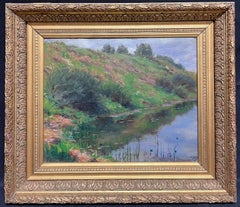 Fine huile impressionniste française ancienne signée, paysage de rivière verte luxuriante 