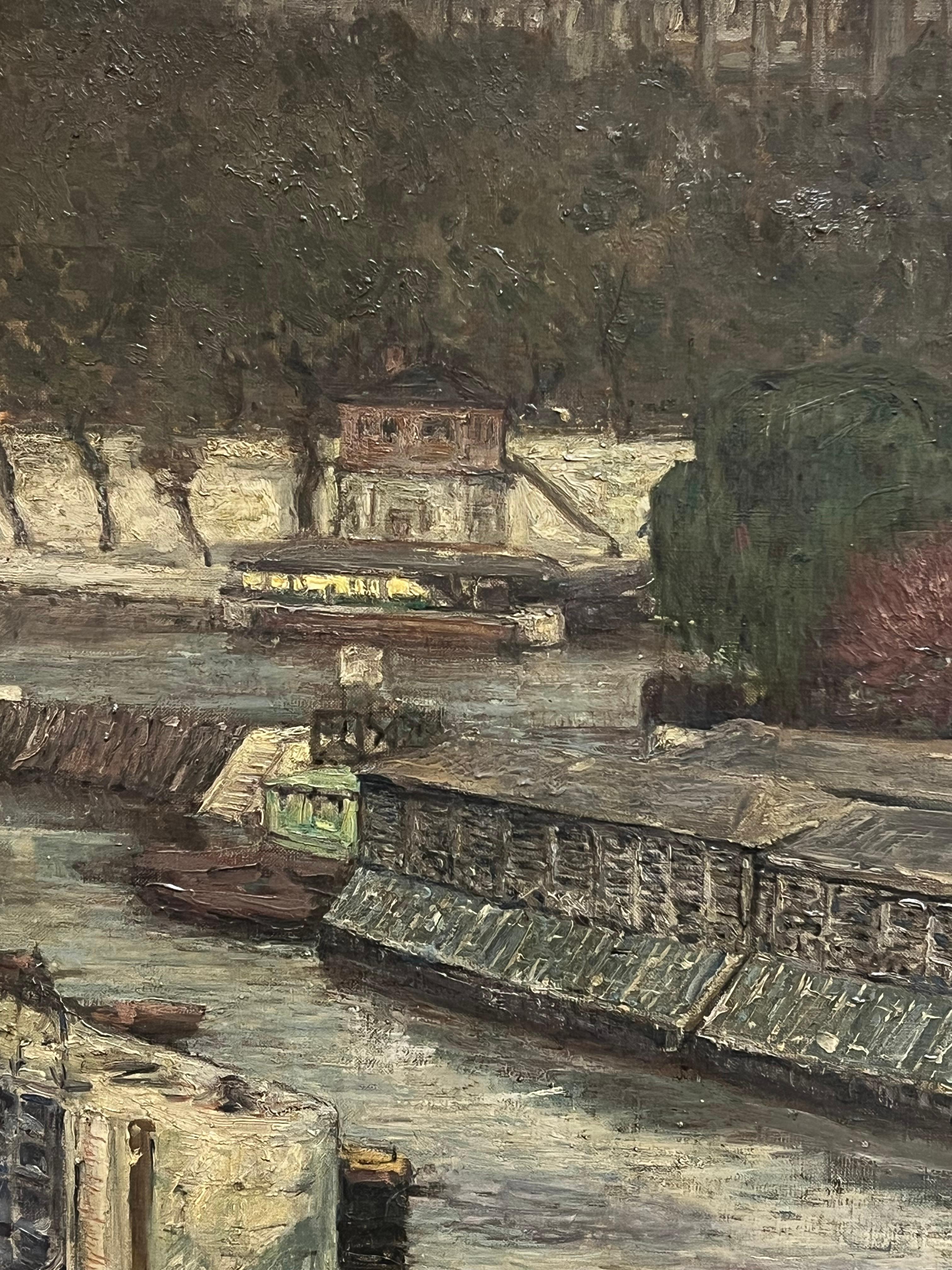 Huge 1920's French Impressionist Oil Painting View of Paris River Seine Skyline 9