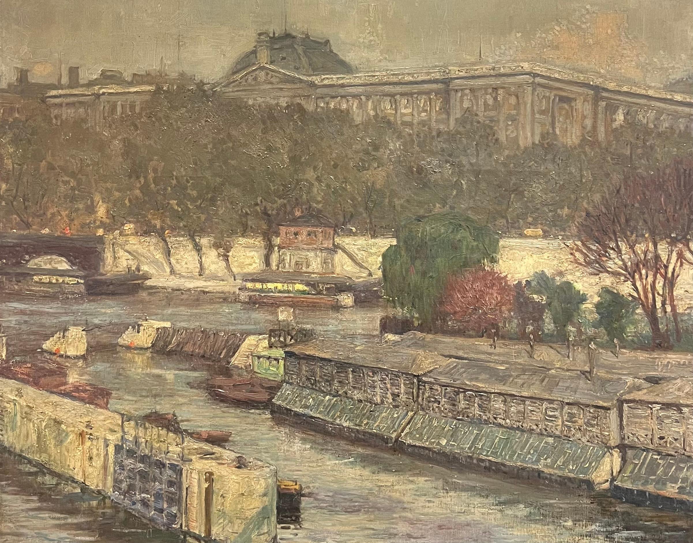 Huge 1920's French Impressionist Oil Painting View of Paris River Seine Skyline 1
