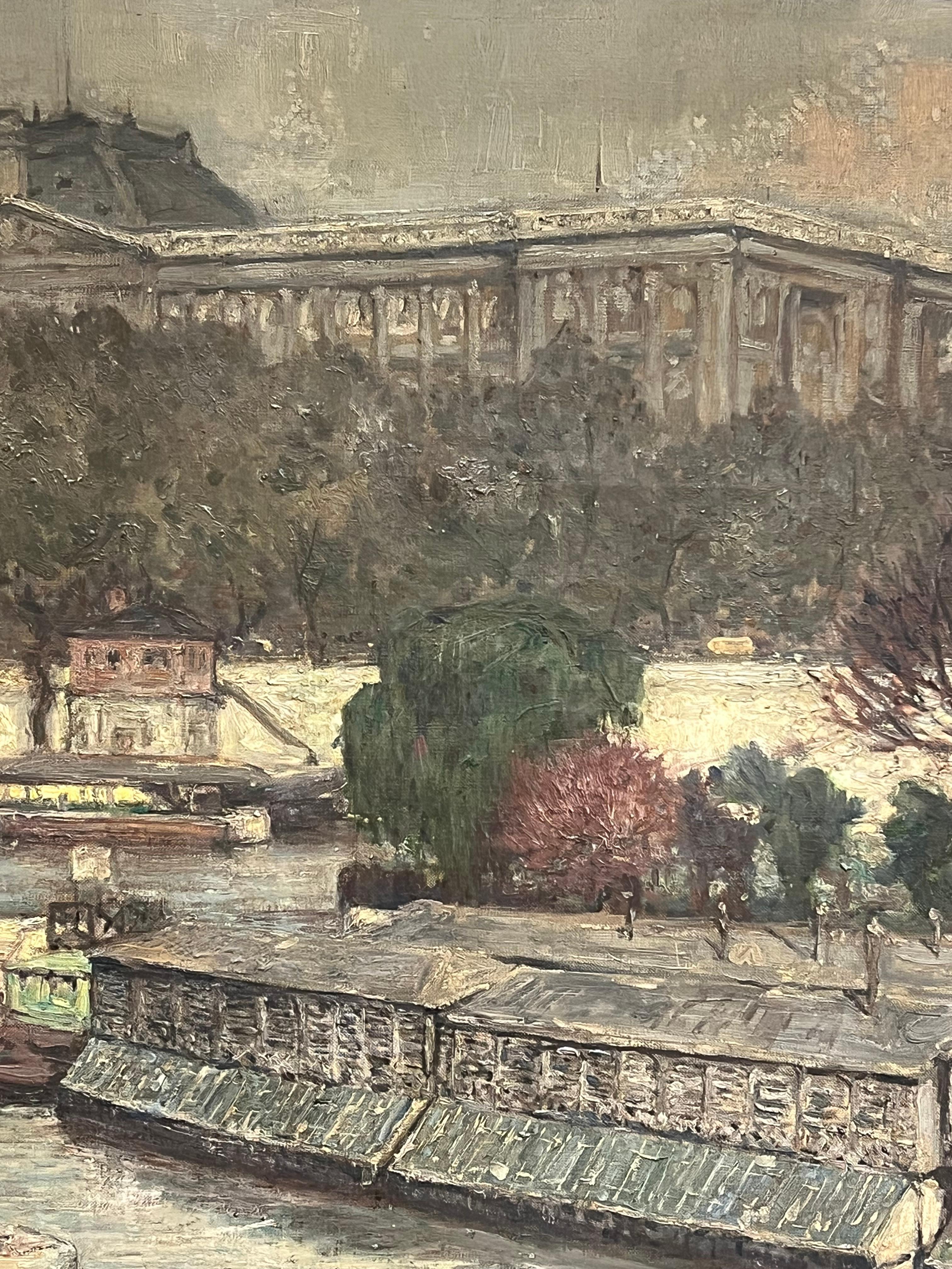 Huge 1920's French Impressionist Oil Painting View of Paris River Seine Skyline 2