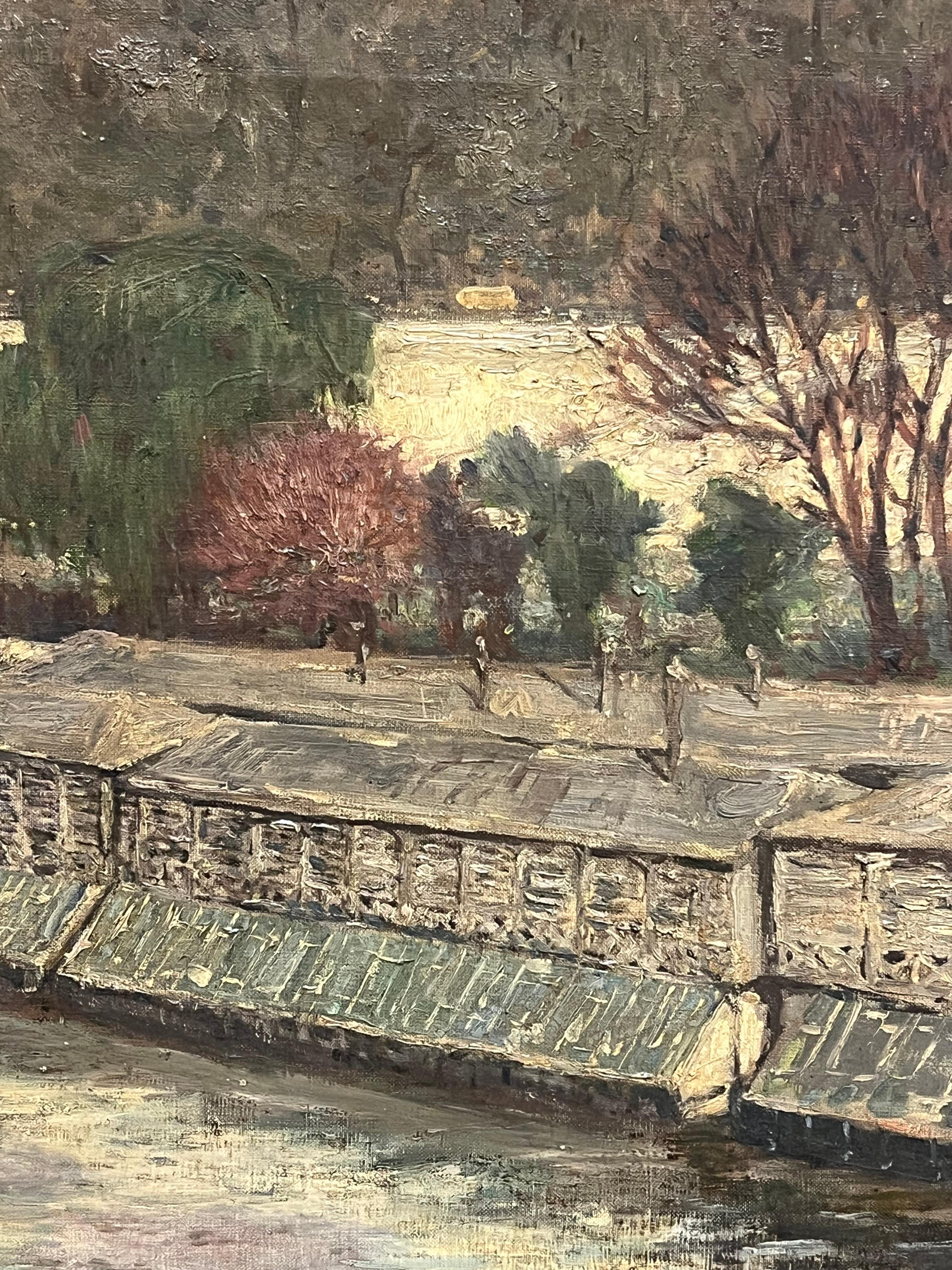 Huge 1920's French Impressionist Oil Painting View of Paris River Seine Skyline 3
