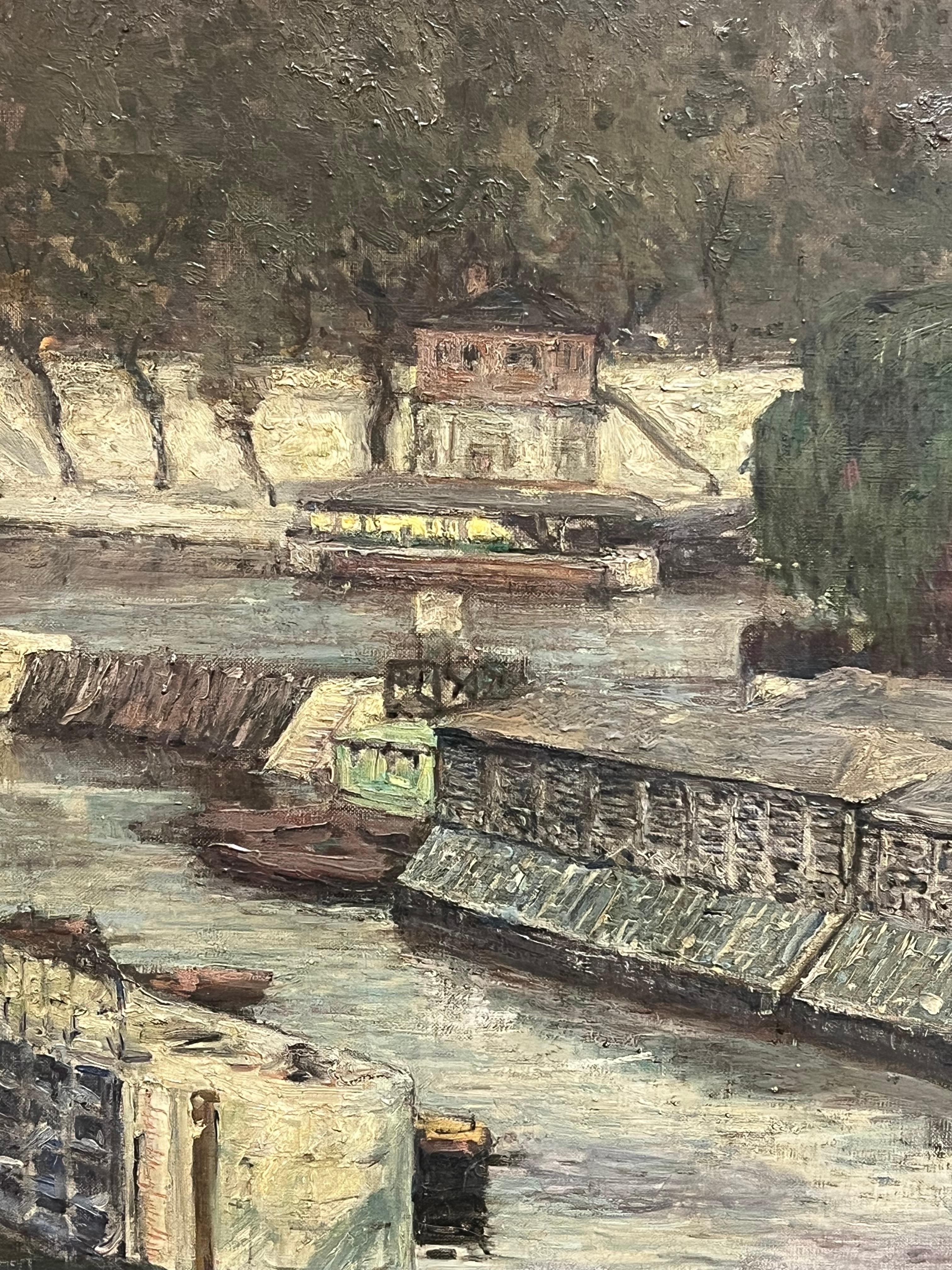 Huge 1920's French Impressionist Oil Painting View of Paris River Seine Skyline 4
