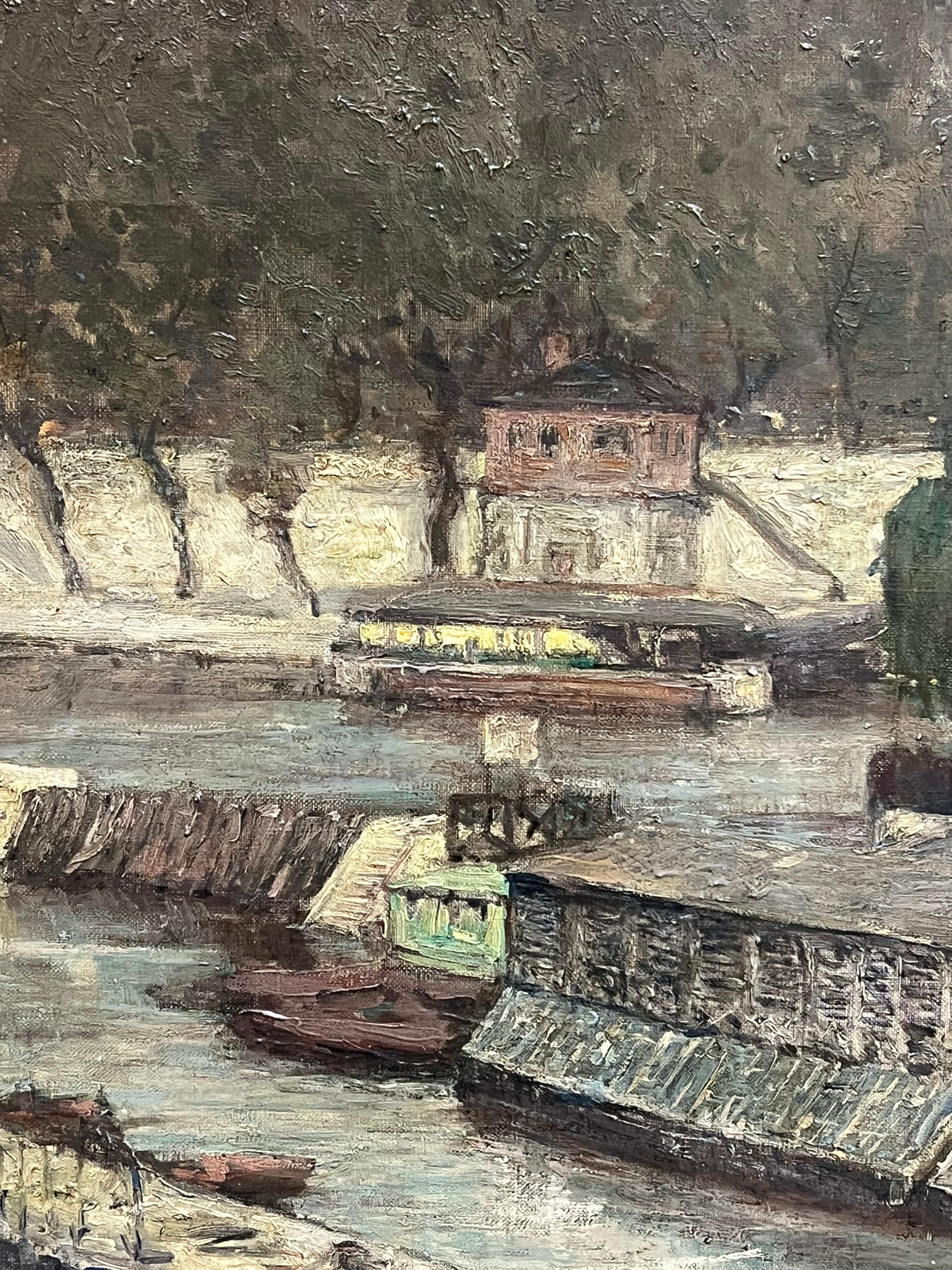 Huge 1920's French Impressionist Oil Painting View of Paris River Seine Skyline 7