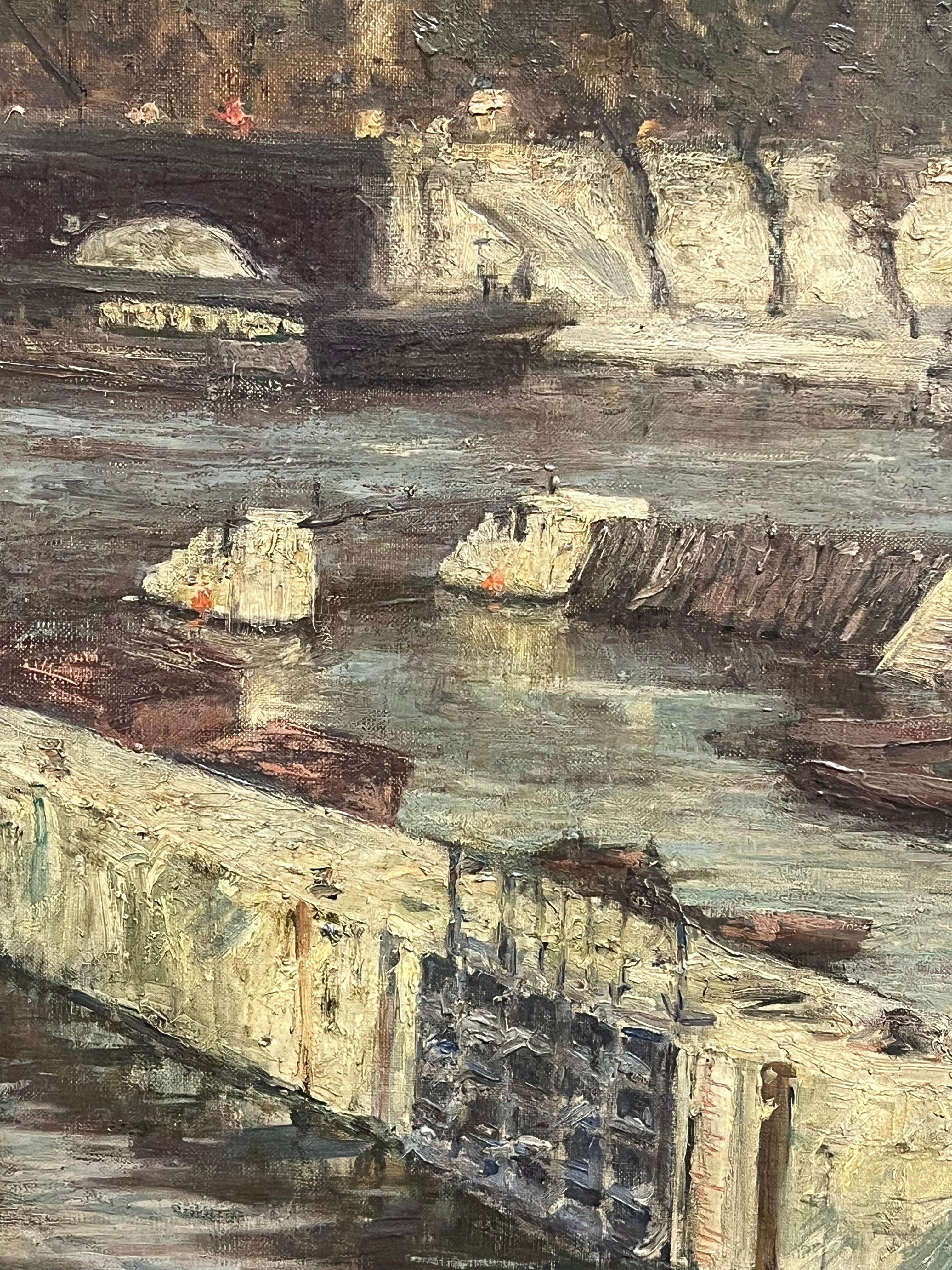 Huge 1920's French Impressionist Oil Painting View of Paris River Seine Skyline 8