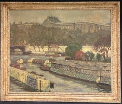 Huge 1920's French Impressionist Oil Painting View of Paris River Seine Skyline