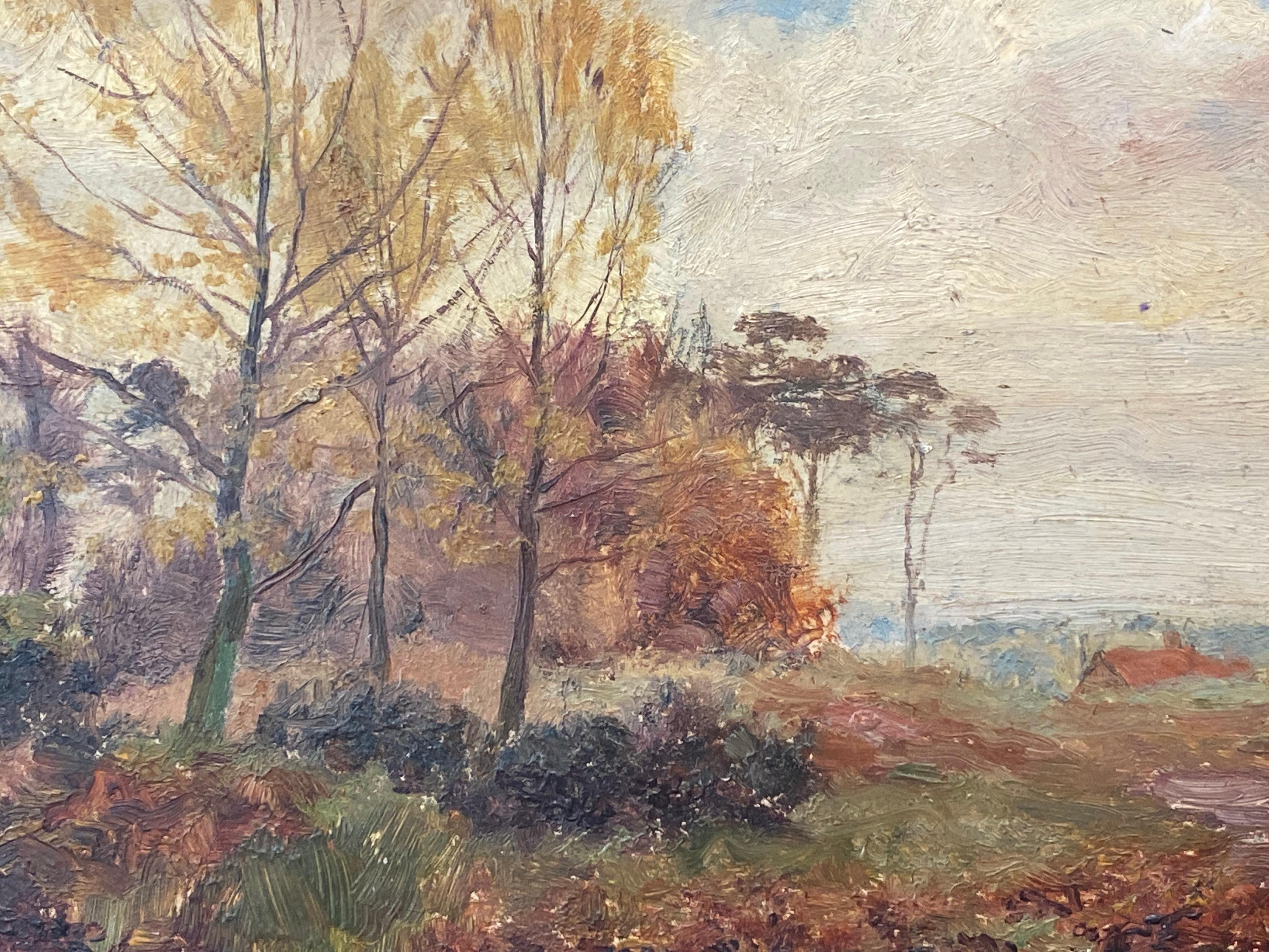  Impressionist Antique Painting - Autumnal Landscape - Beige Landscape Painting by French Impressionist