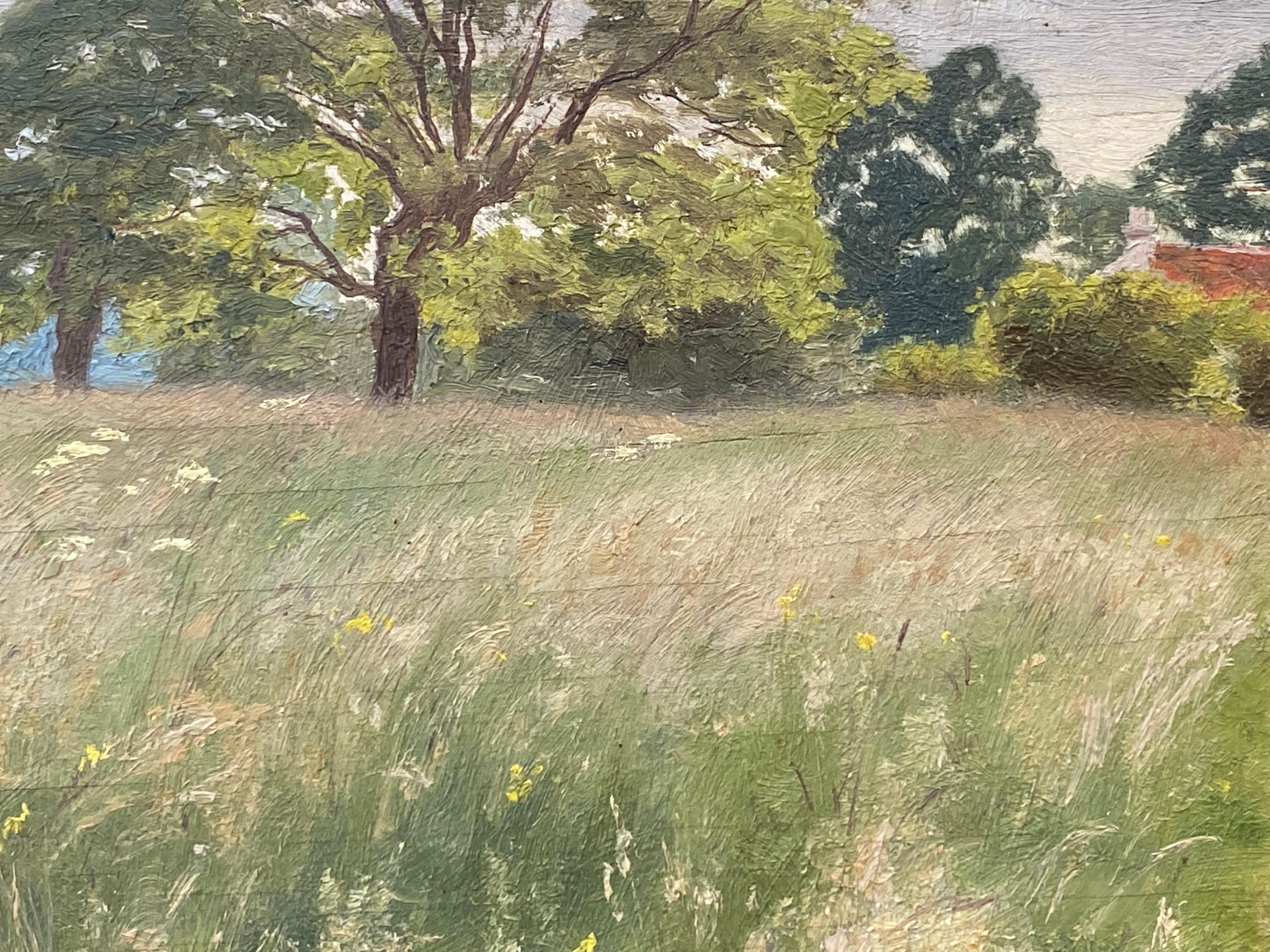 Impressionist Antique Painting - Figure In A Beautiful Open Field Track - Beige Landscape Painting by French Impressionist