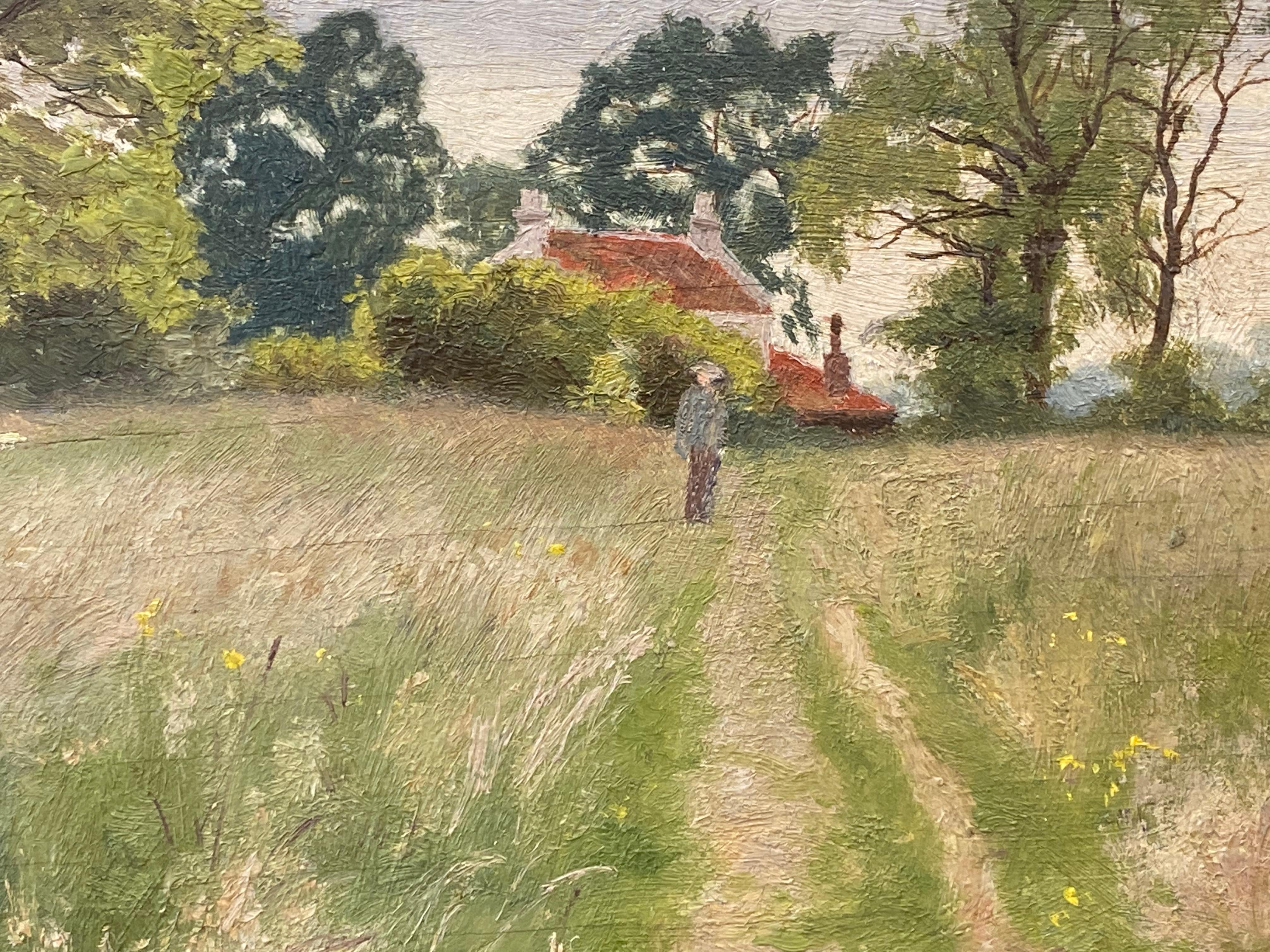 Artist/ School: French School,  early 20th century

Title: Hendon Fields

Medium: oil painting on board, unframed and inscribed verso

painting: 7 x 9.5 inches

Provenance: private collection, France

Condition: The painting is in overall very good