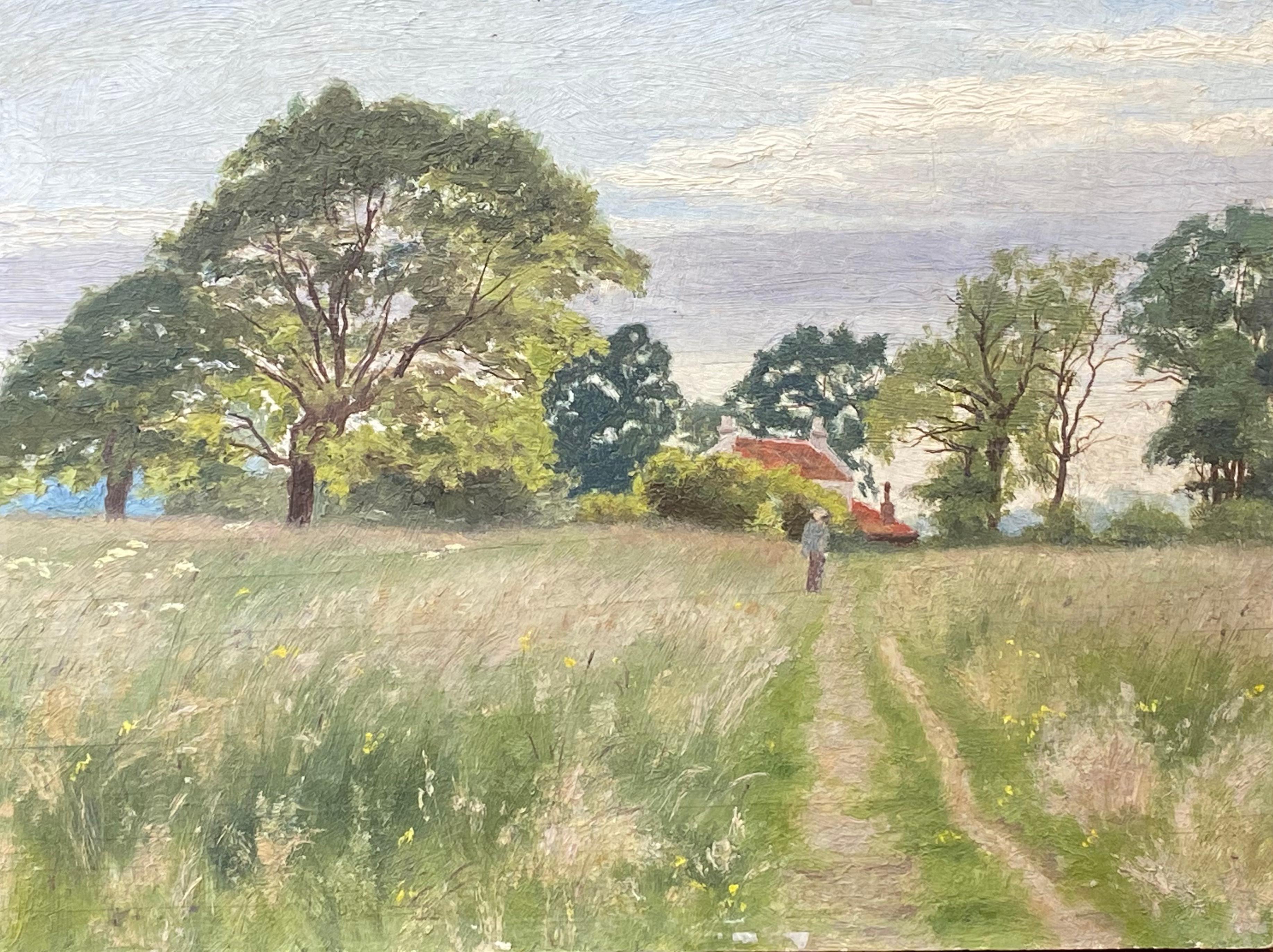 French Impressionist Landscape Painting -  Impressionist Antique Painting - Figure In A Beautiful Open Field Track