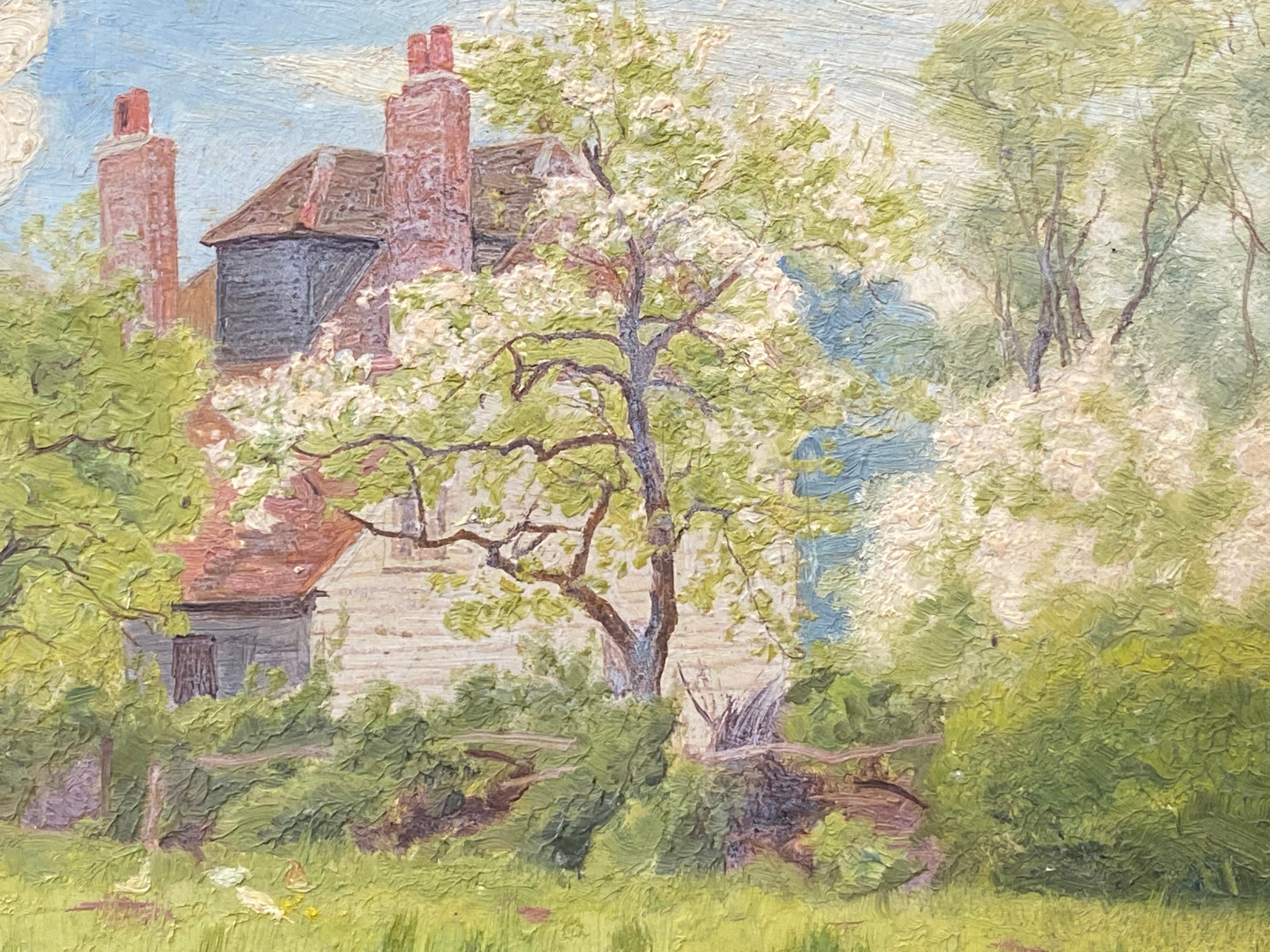 Pittura antica impressionista - Grande casa britannica tra gli alberi - Landscape Painting Beige di French Impressionist