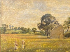 Impressionist Antique Painting Landscape - Two Girls Picking Flowers