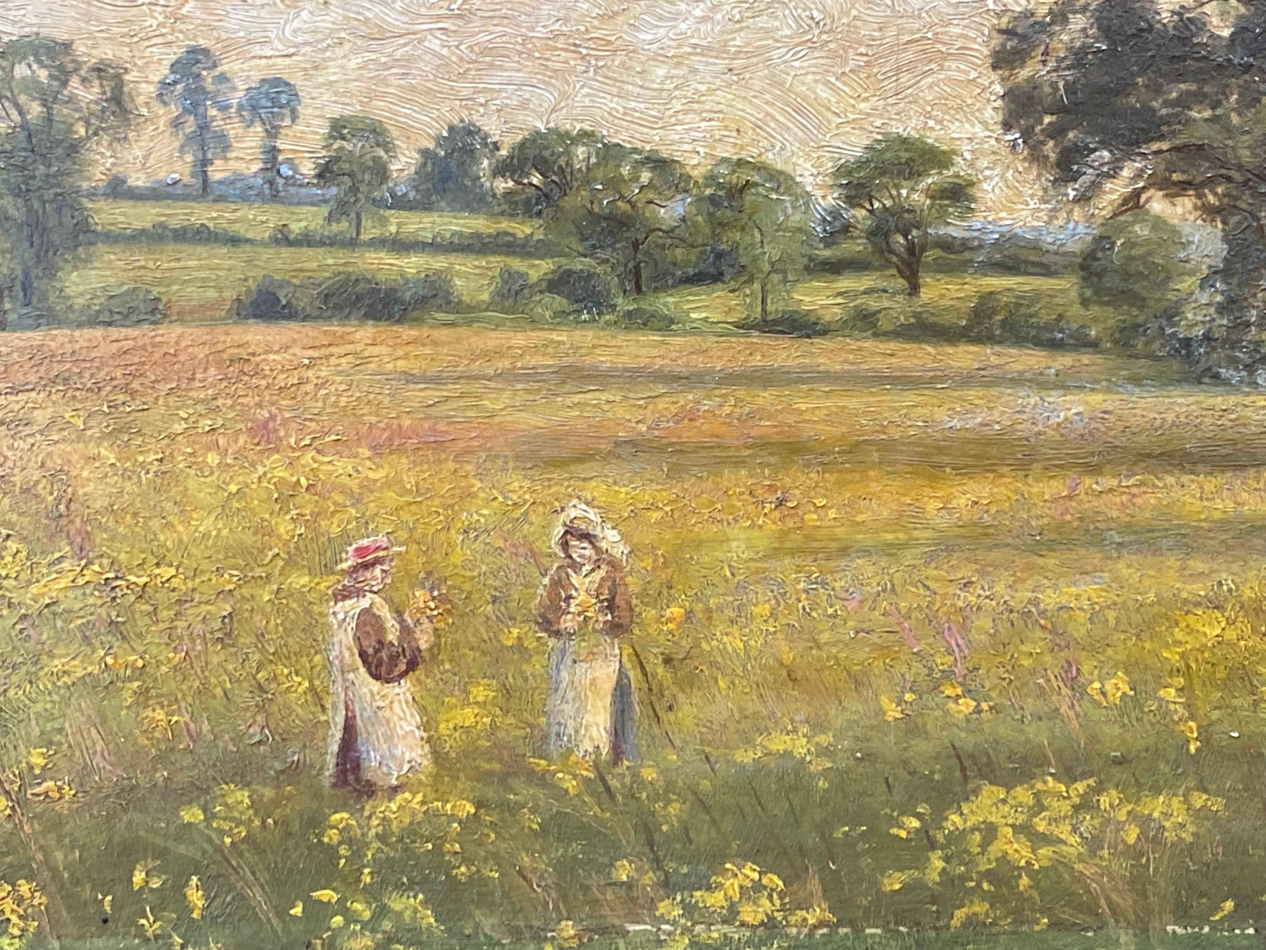  Impressionist Antique Painting Landscape - Two Girls Picking Flowers  1