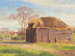 Impressionist Antique Painting - Thatched Farm Barn In Hendon England