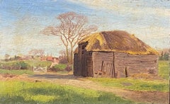 Impressionist Antique Painting - Thatched Farm Barn In Hendon England