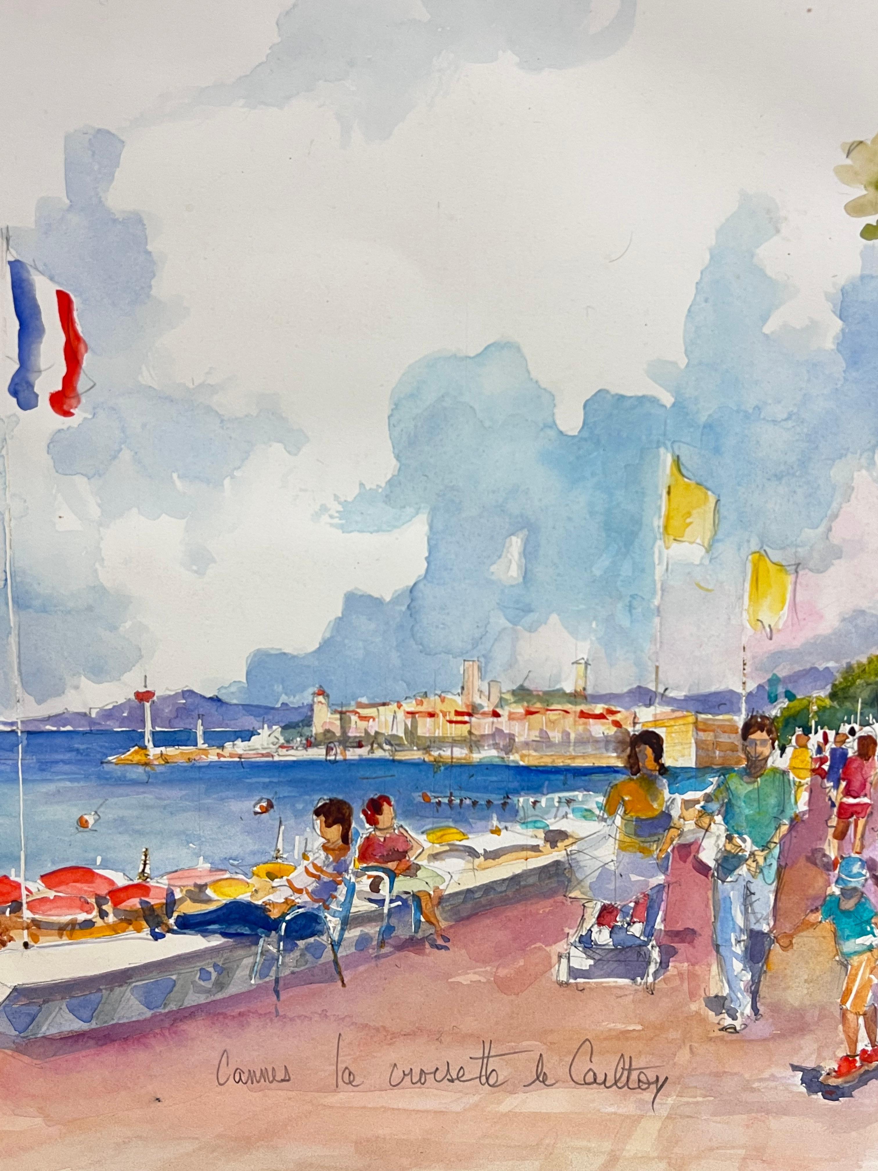 La Croissette Cannes Carlton Hotel Belebter Strand & Figuren Signiertes Originalgemälde (Französische Schule), Painting, von French Impressionist