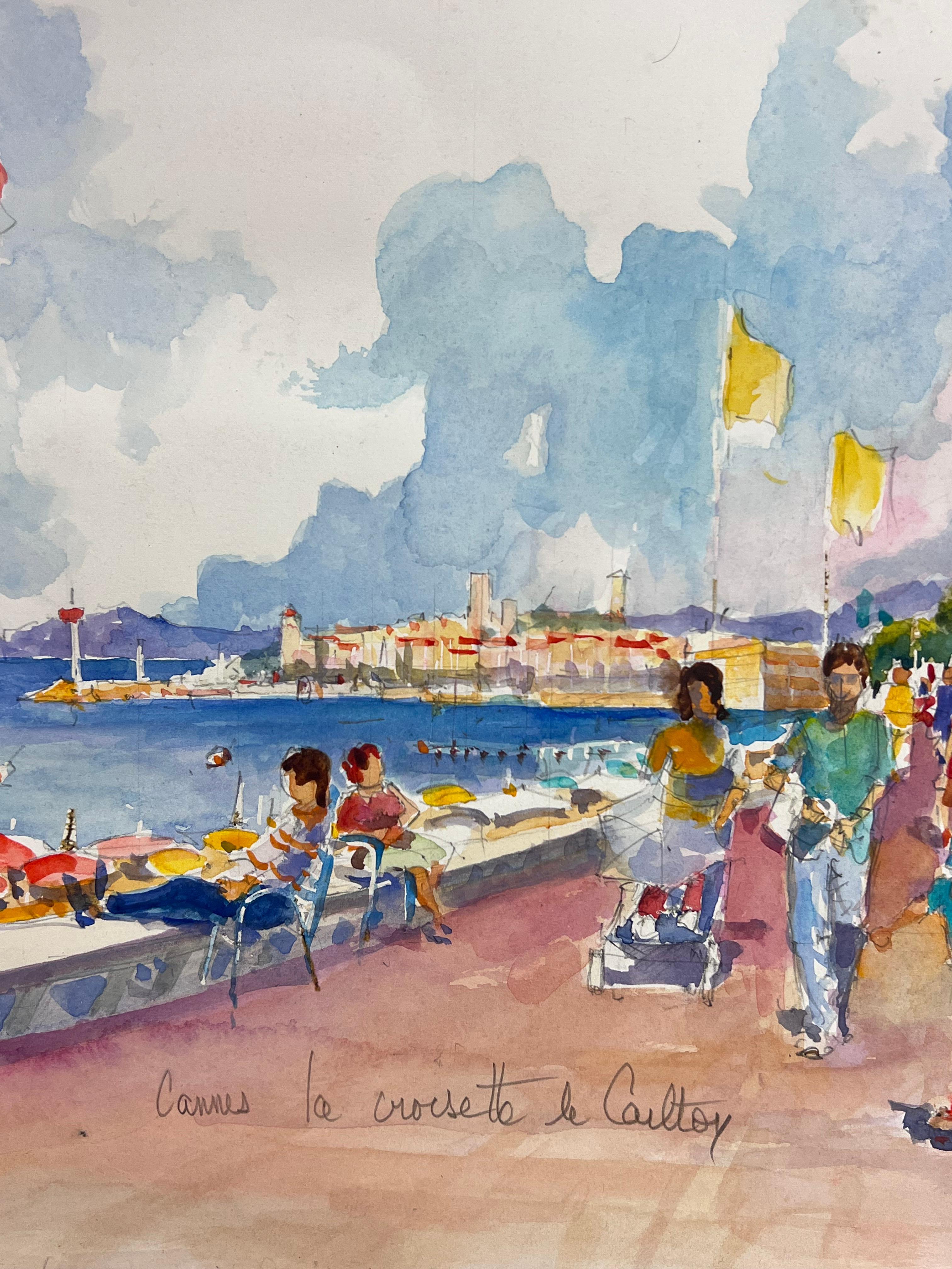 La Croisette, Cannes (Hotel Carlton)
Französische Schule, Ende des 20. Jahrhunderts
undeutlich unterzeichnet 
Aquarell auf Künstlerpapier, gerahmt
Gerahmt: 26 x 24,5 Zoll
Aquarell : 23,5 x 22 Zoll
Verso beschriftet
Provenienz: Privatsammlung,