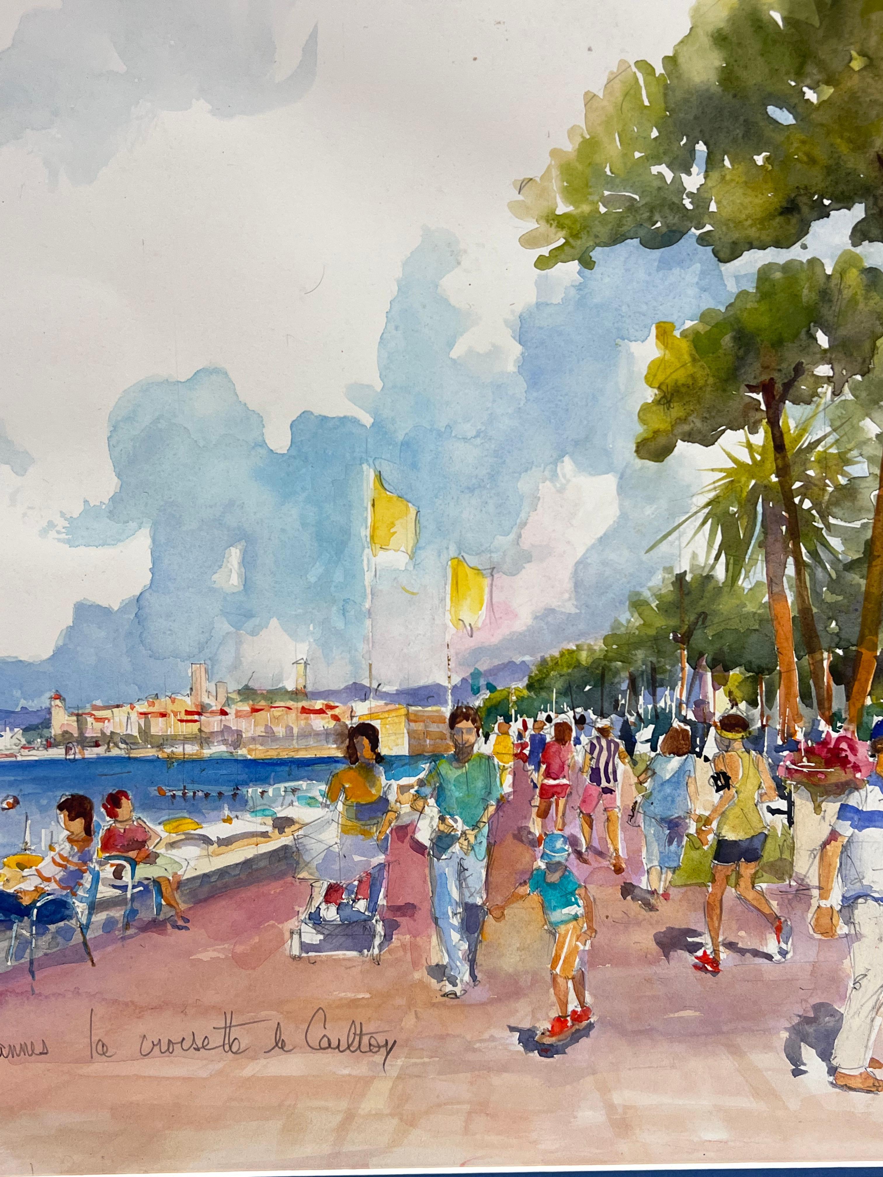La Croissette Cannes Carlton Hotel Belebter Strand & Figuren Signiertes Originalgemälde im Angebot 2