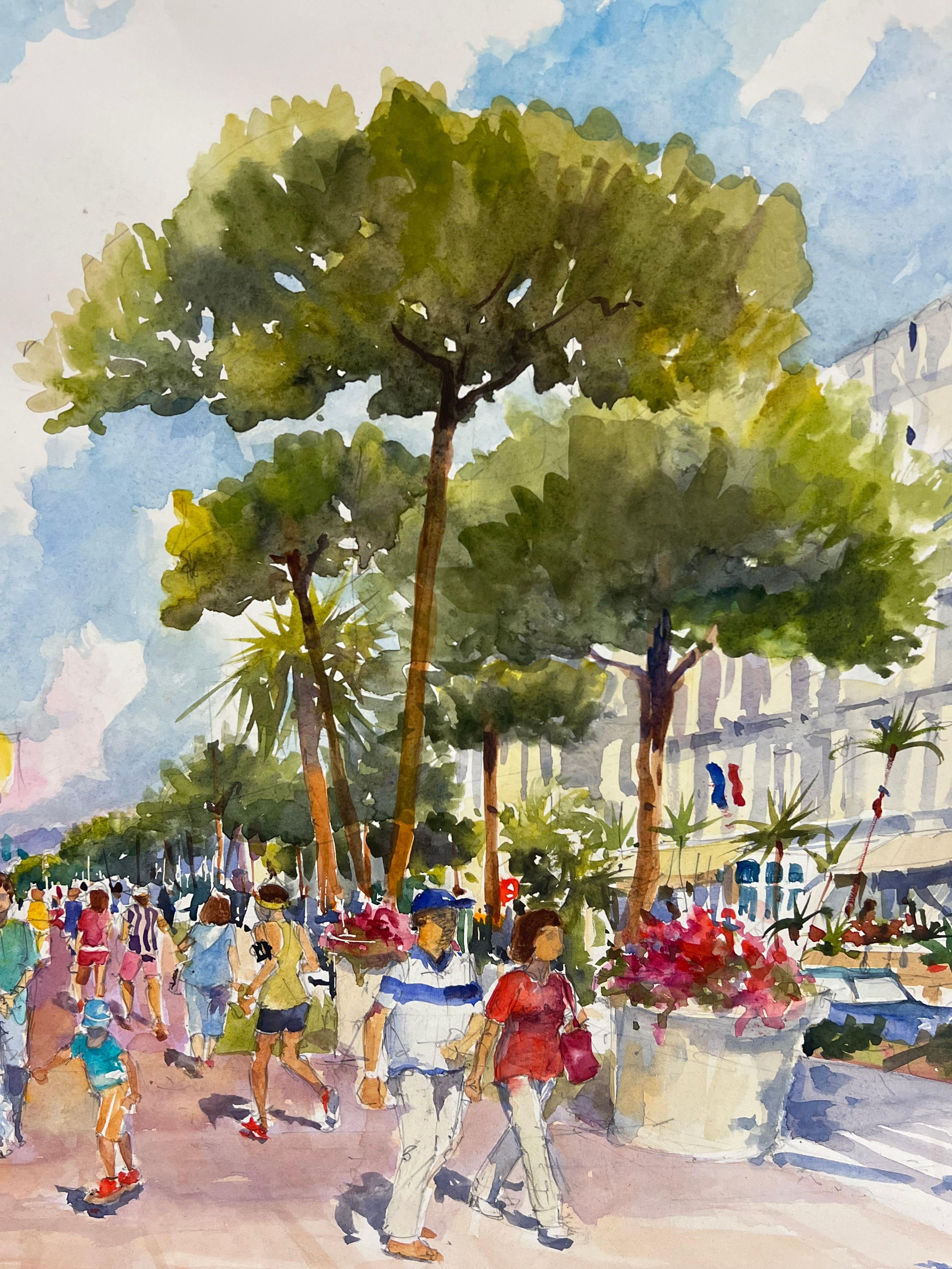 La Croissette Cannes Carlton Hotel Belebter Strand & Figuren Signiertes Originalgemälde im Angebot 3