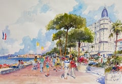 La Croissette Cannes Carlton Hotel Busy Beach & Figures Signed Original Painting