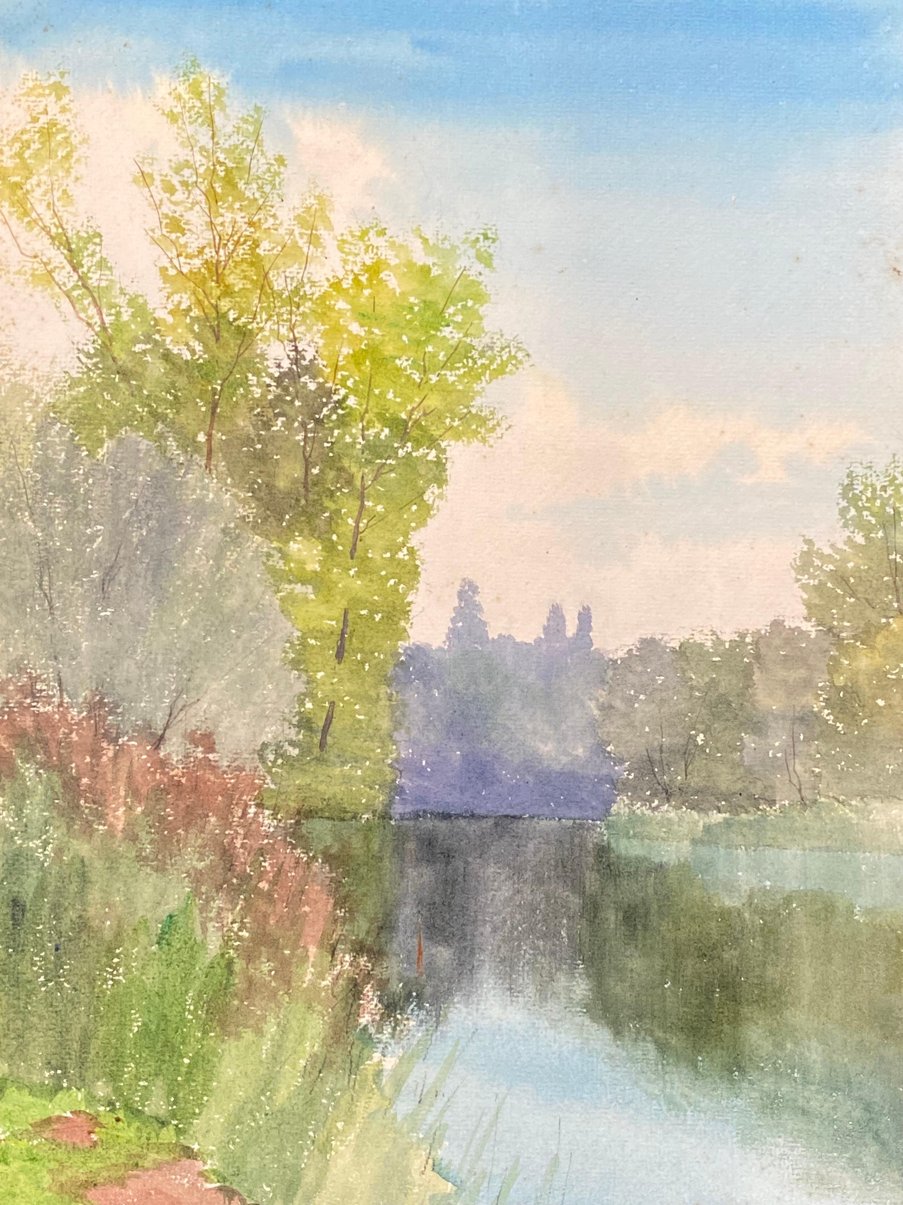 Aquarelle ancienne impressionniste française « Peaceful French Impressionist » - Paysage de rivière Tranquil en vente 1