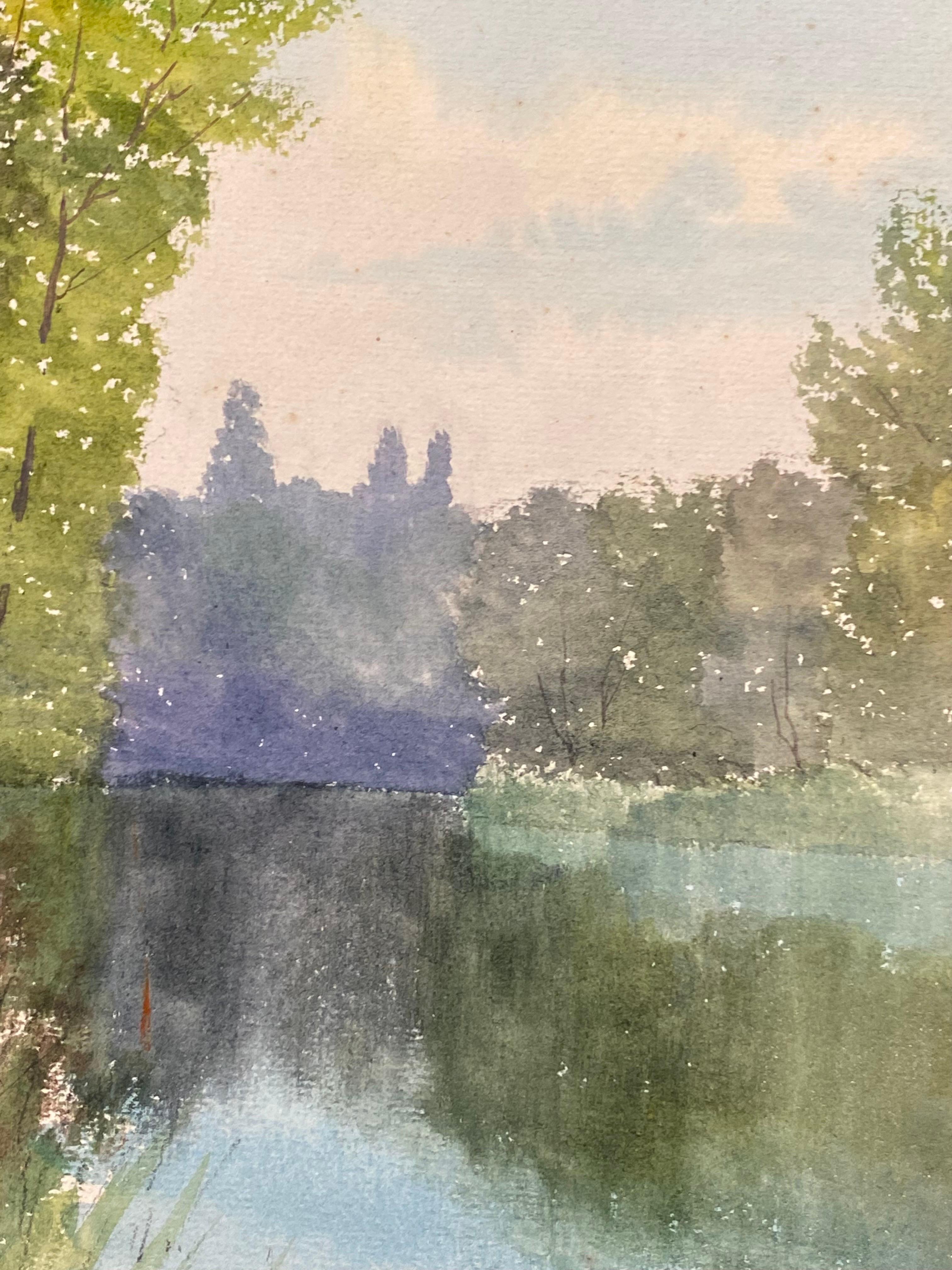 Aquarelle ancienne impressionniste française « Peaceful French Impressionist » - Paysage de rivière Tranquil en vente 2