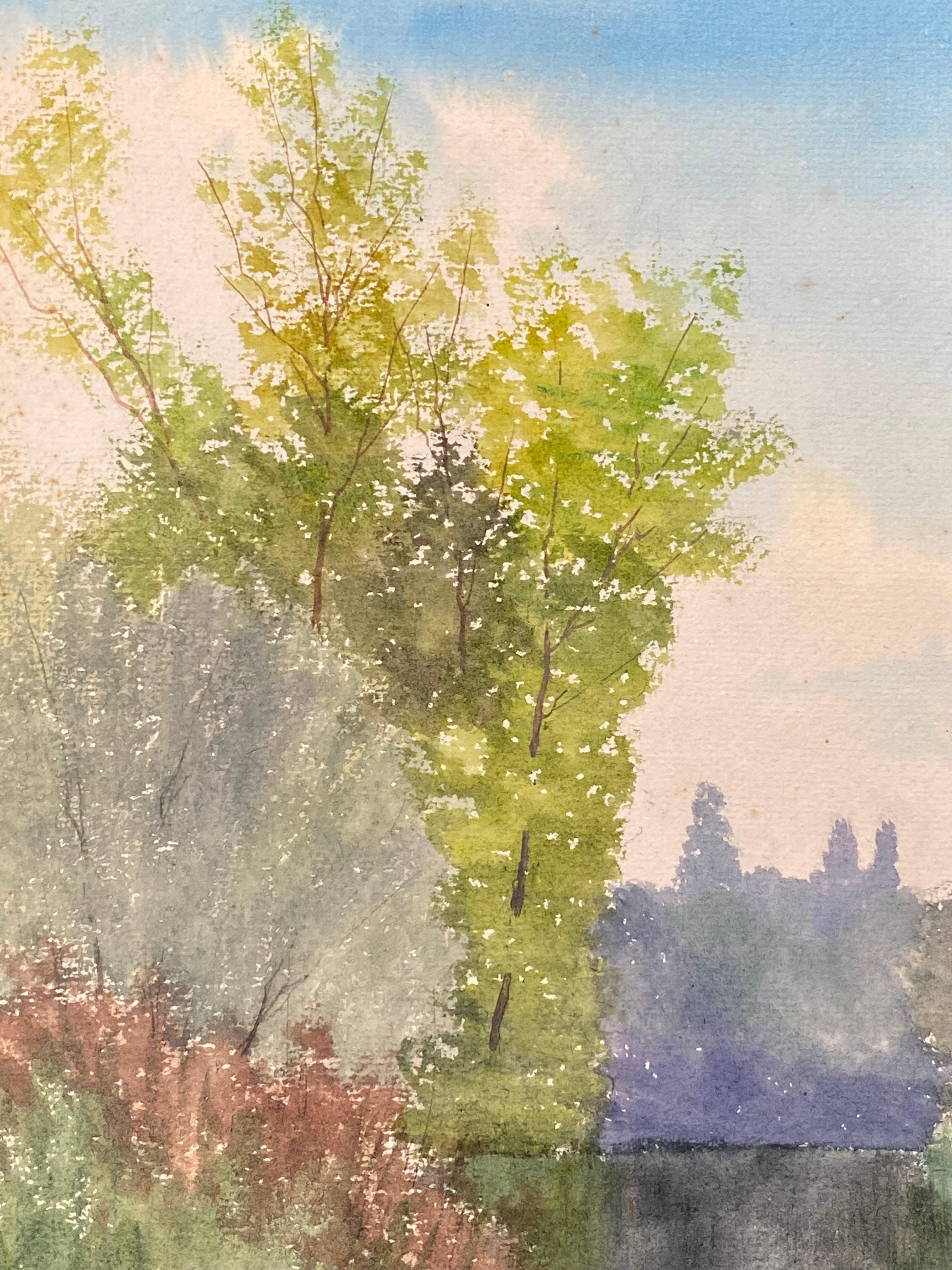 Aquarelle ancienne impressionniste française « Peaceful French Impressionist » - Paysage de rivière Tranquil en vente 3