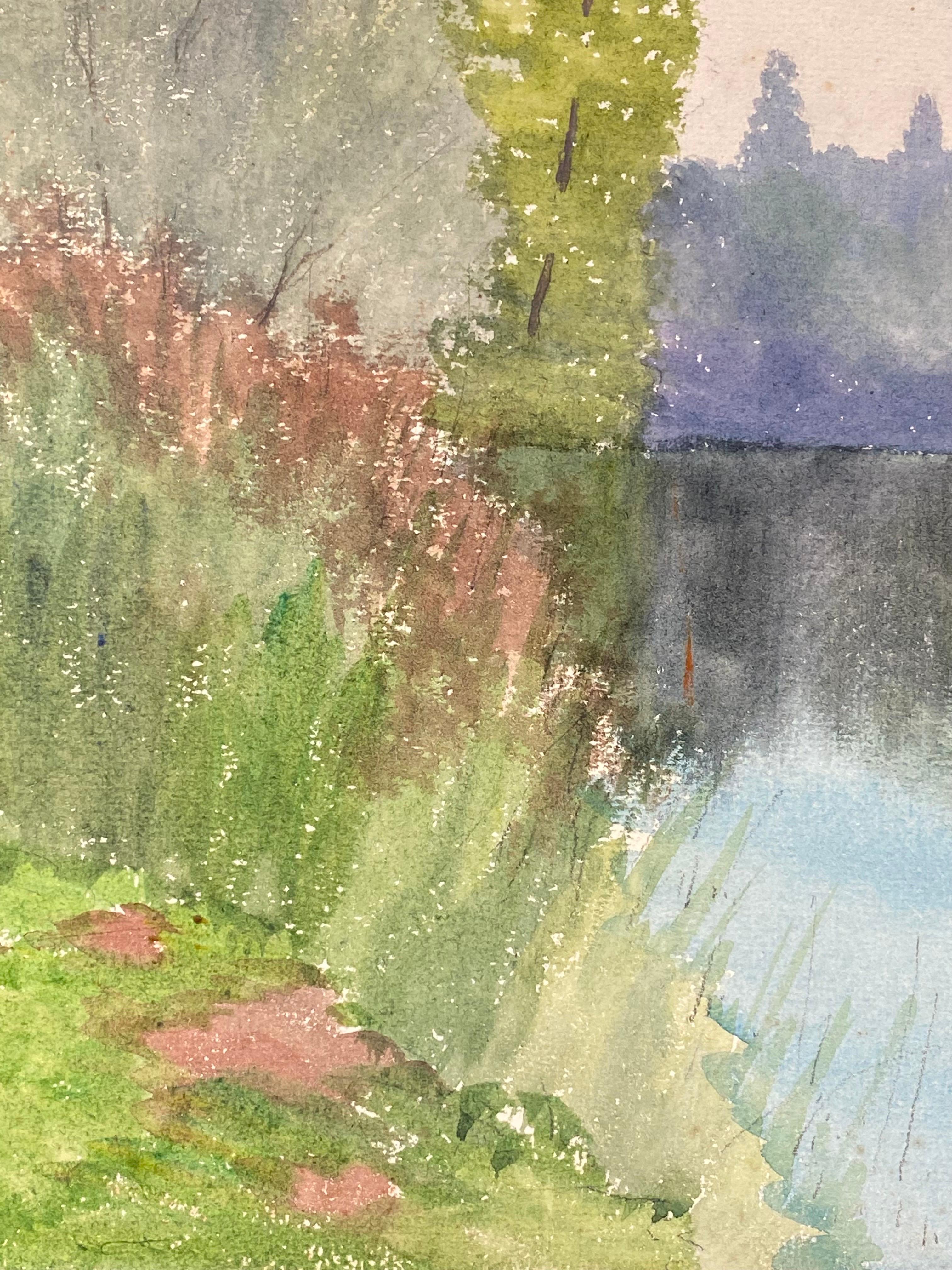 Aquarelle ancienne impressionniste française « Peaceful French Impressionist » - Paysage de rivière Tranquil en vente 4