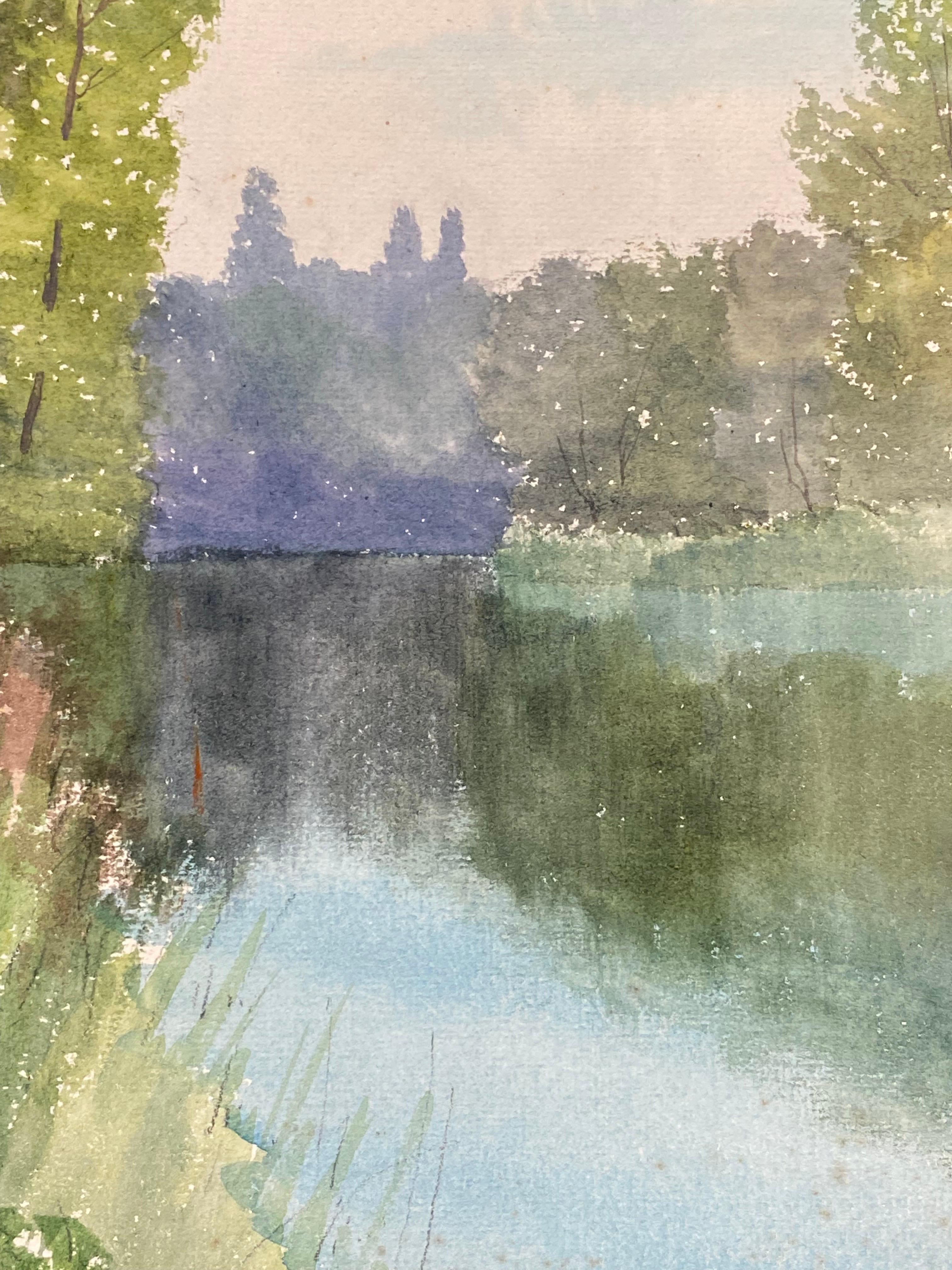 Aquarelle ancienne impressionniste française « Peaceful French Impressionist » - Paysage de rivière Tranquil en vente 5