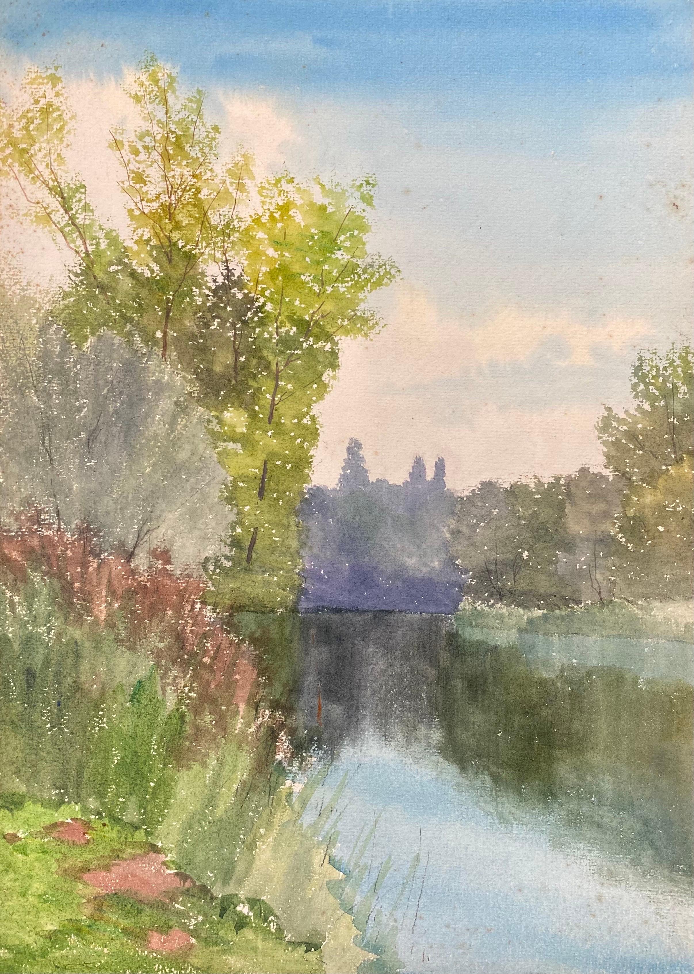 Aquarelle ancienne impressionniste française « Peaceful French Impressionist » - Paysage de rivière Tranquil
