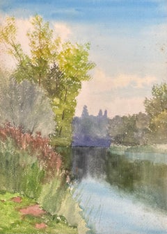 Peaceful French Impressionist Antique Watercolour - Tranquil River Landscape