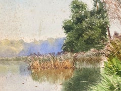 Signed Bright French Impressionist Watercolour Wispy Willow Trees River landscap
