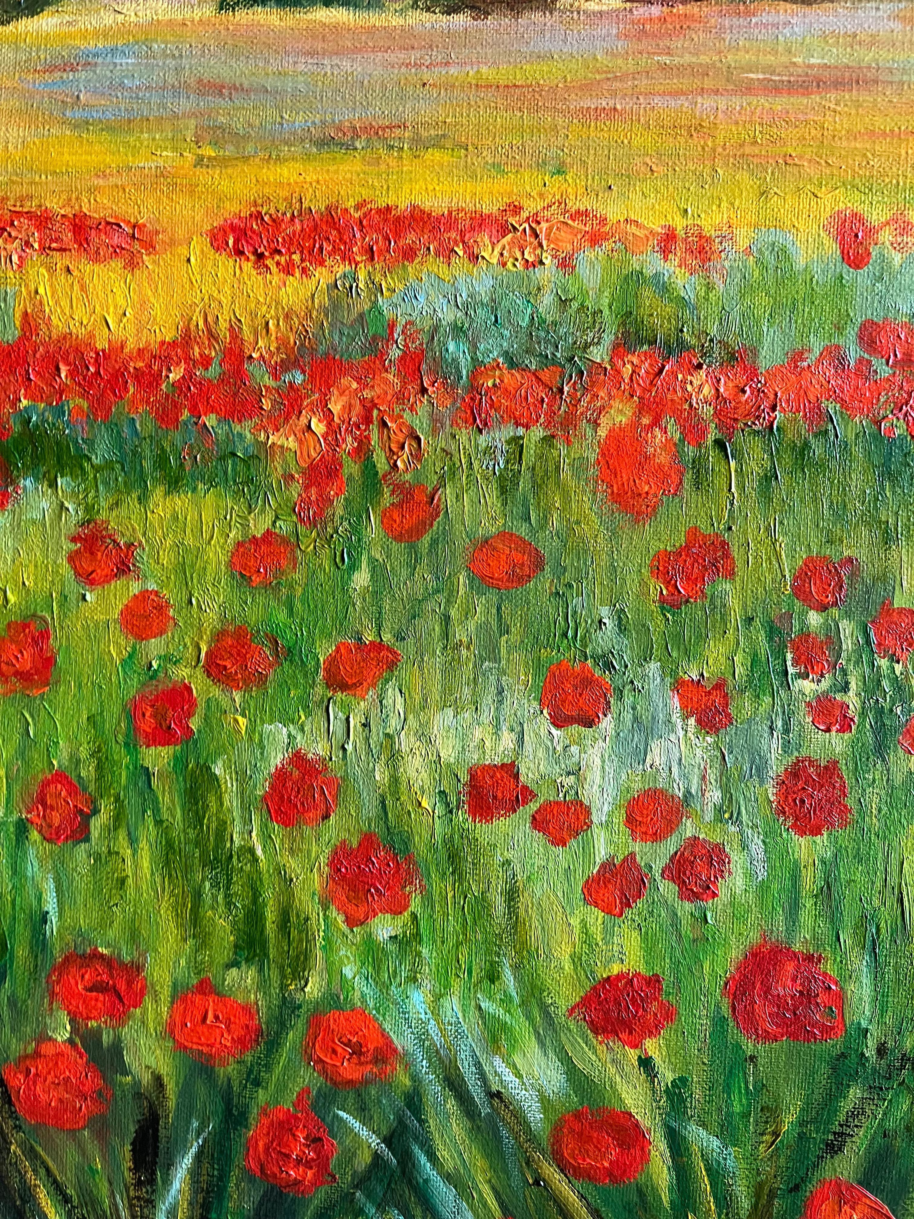 Paysage de Provence vibrant avec champs de coqs et ferme rustique signé en vente 6