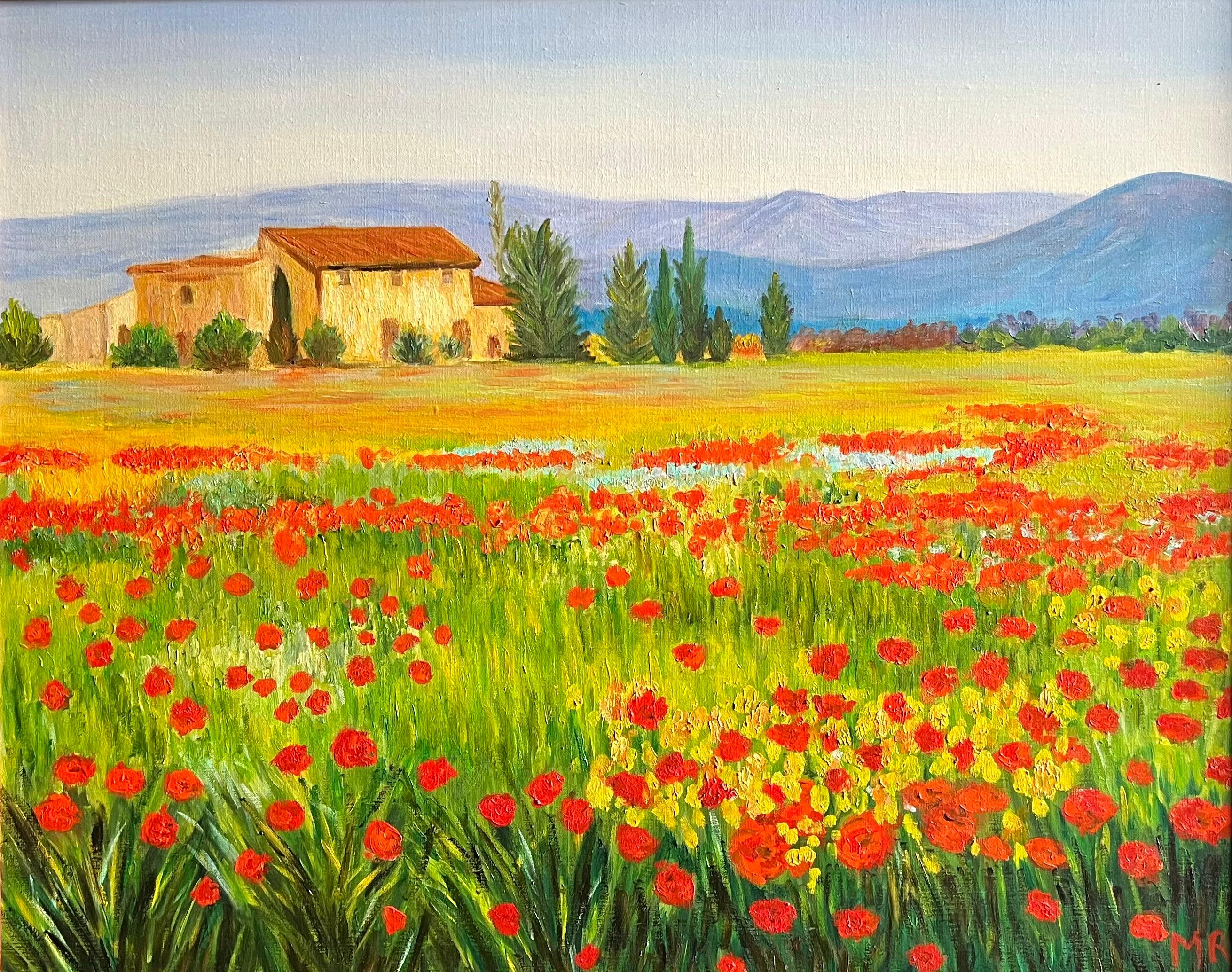 Paysage de Provence vibrant avec champs de coqs et ferme rustique signé - Painting de French Impressionist
