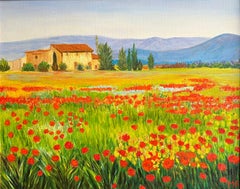 Leuchtend lebhafte Provence-Landschaft mit Mohnblumenfeldern und rustikalem Bauernhaus, signiert Öl