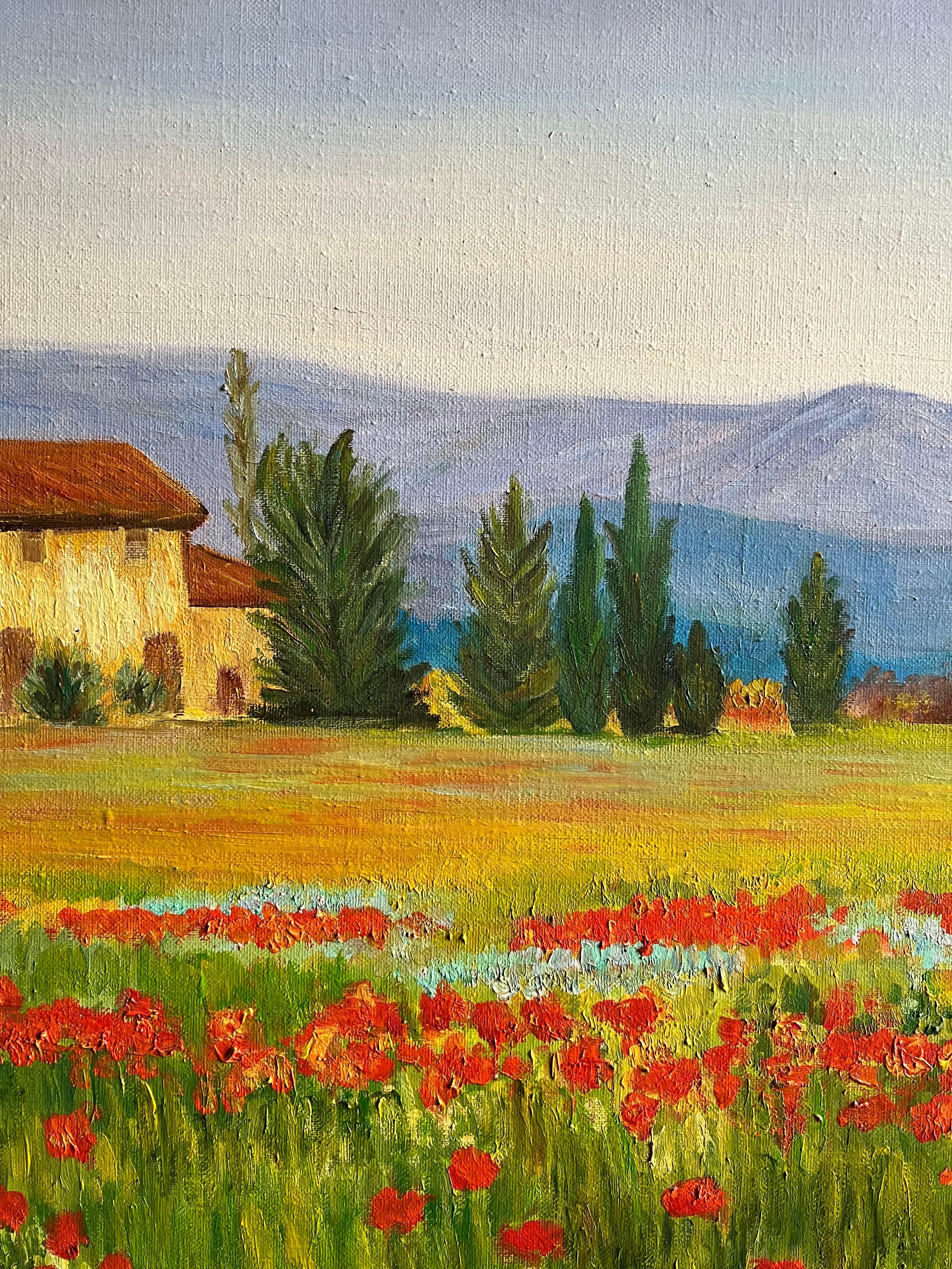 Paysage de Provence vibrant avec champs de coqs et ferme rustique signé - Marron Landscape Painting par French Impressionist