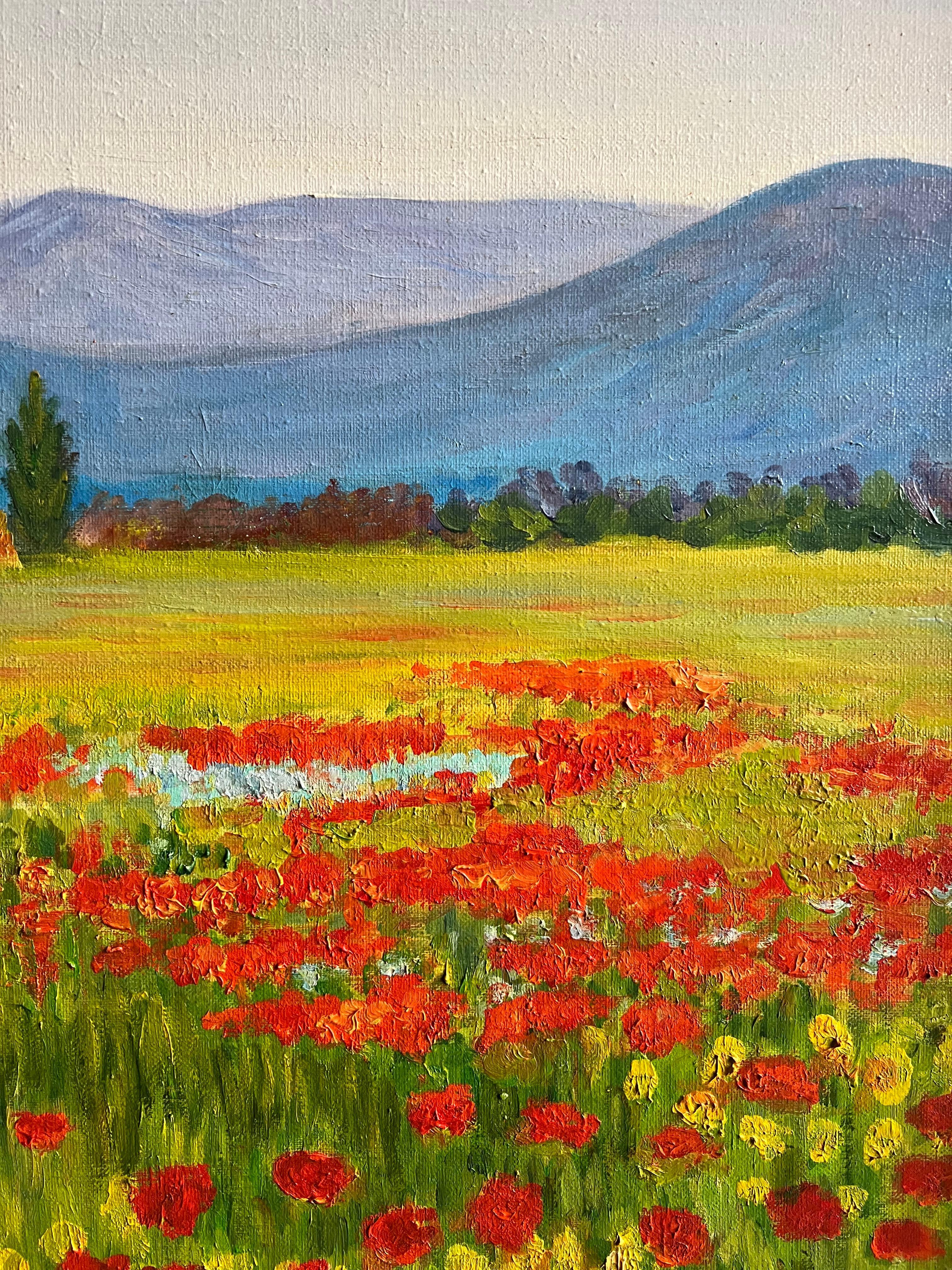 Paysage de Provence vibrant avec champs de coqs et ferme rustique signé en vente 2