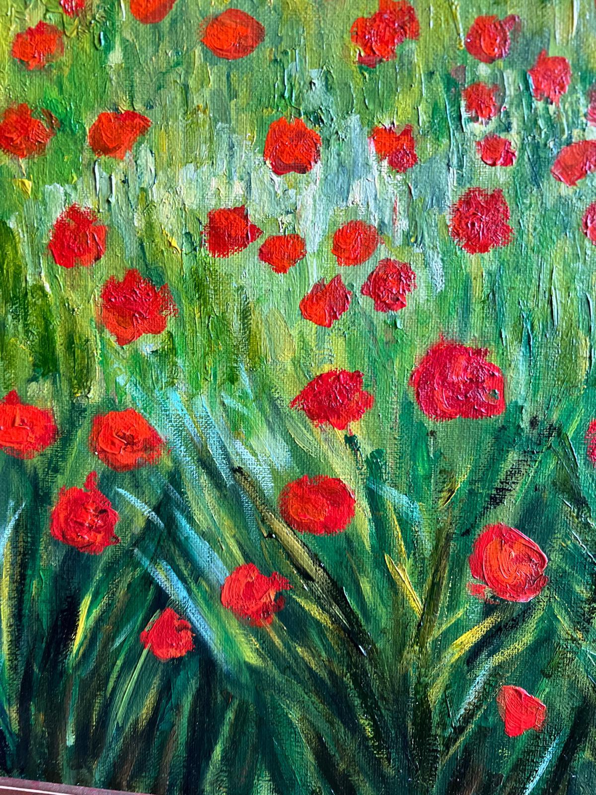 Paysage de Provence vibrant avec champs de coqs et ferme rustique signé en vente 3