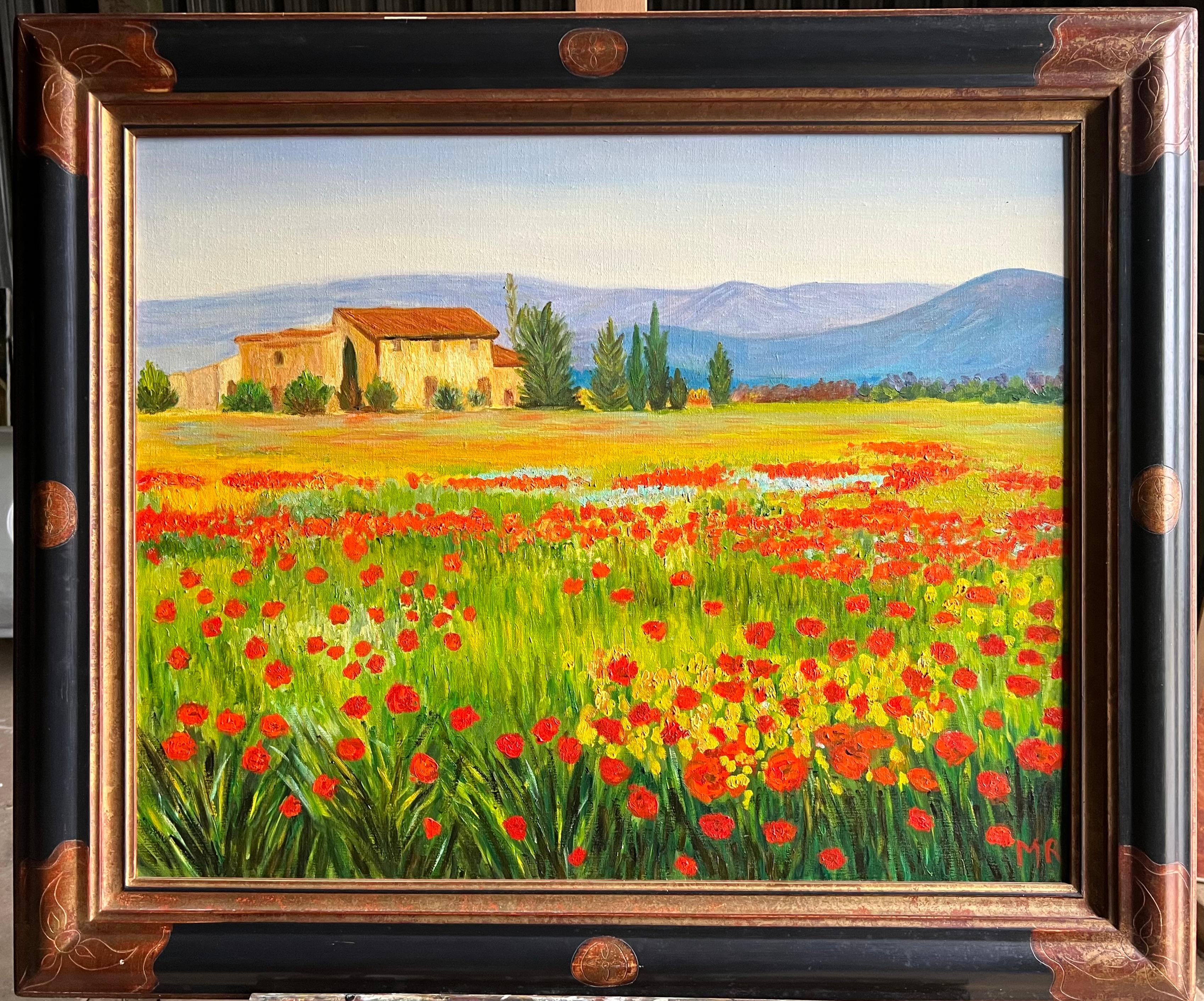 Landscape Painting French Impressionist - Paysage de Provence vibrant avec champs de coqs et ferme rustique signé