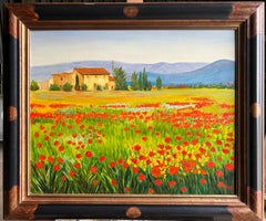 Vibrant Provence Landscape with Poppy Fields & Rustic Farmhouse Signed Oil