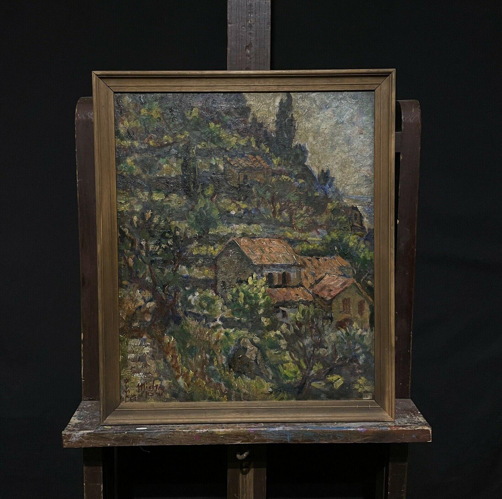 Artist/ School: French School, mid 20th century, signed

Title: Houses in sloping Provencal landscape

Medium:  signed oil painting on canvas, framed.

framed:  23.5 x 20 inches
canvas:   21.75 x 18 inches  

Provenance: private collection,