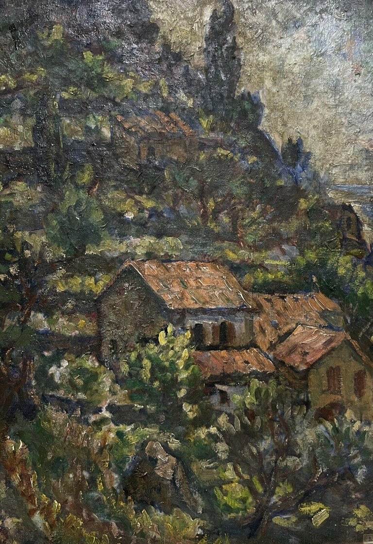 Artist/ School: French School, mid 20th century, signed

Title: Houses in sloping Provencal landscape

Medium:  signed oil painting on canvas, framed.

framed:  23.5 x 20 inches
canvas:   21.75 x 18 inches  

Provenance: private collection,