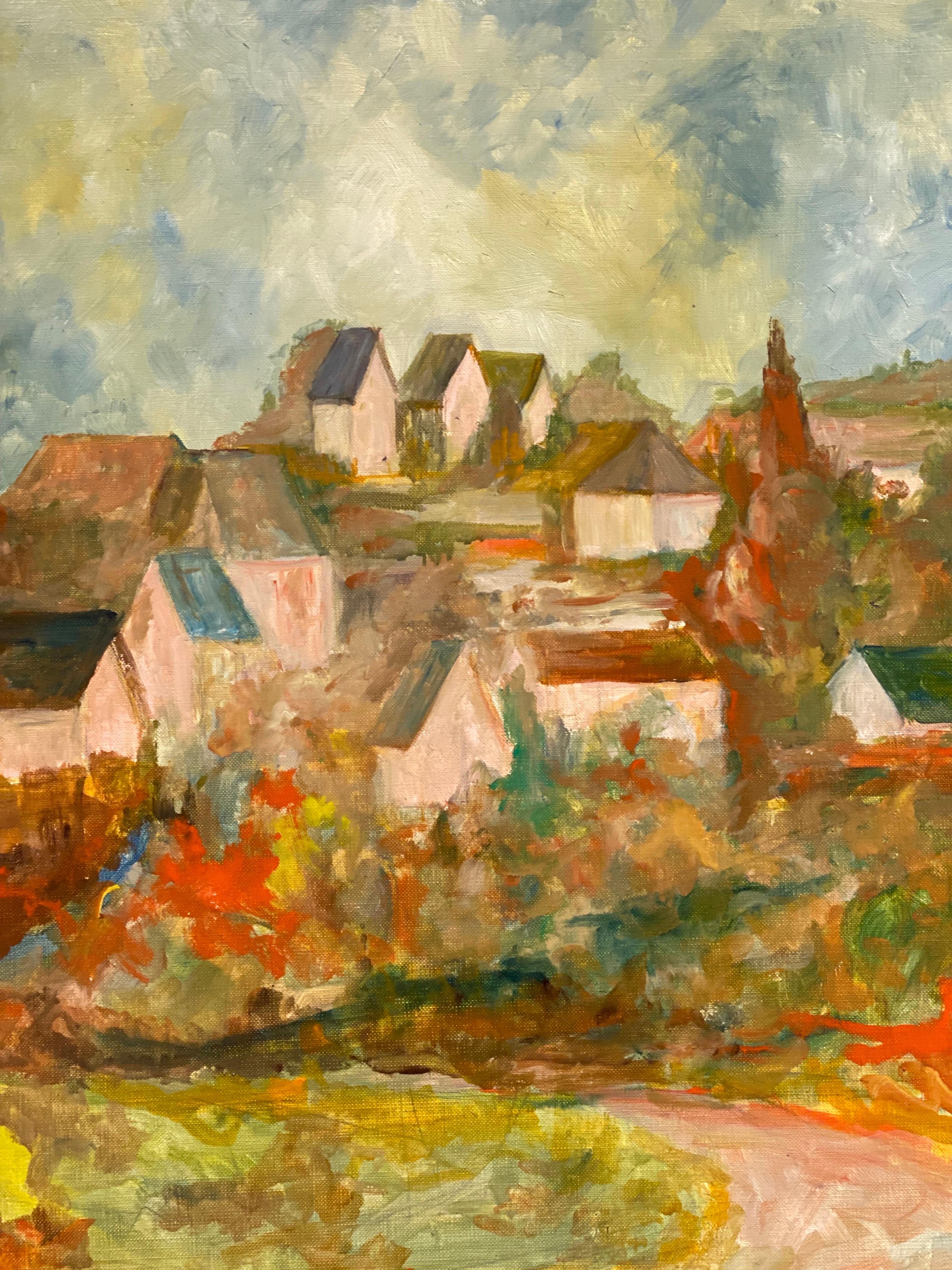 Warm Houses in Provencal Landscape, beautiful ochre and green colors - Painting by French Impressionist