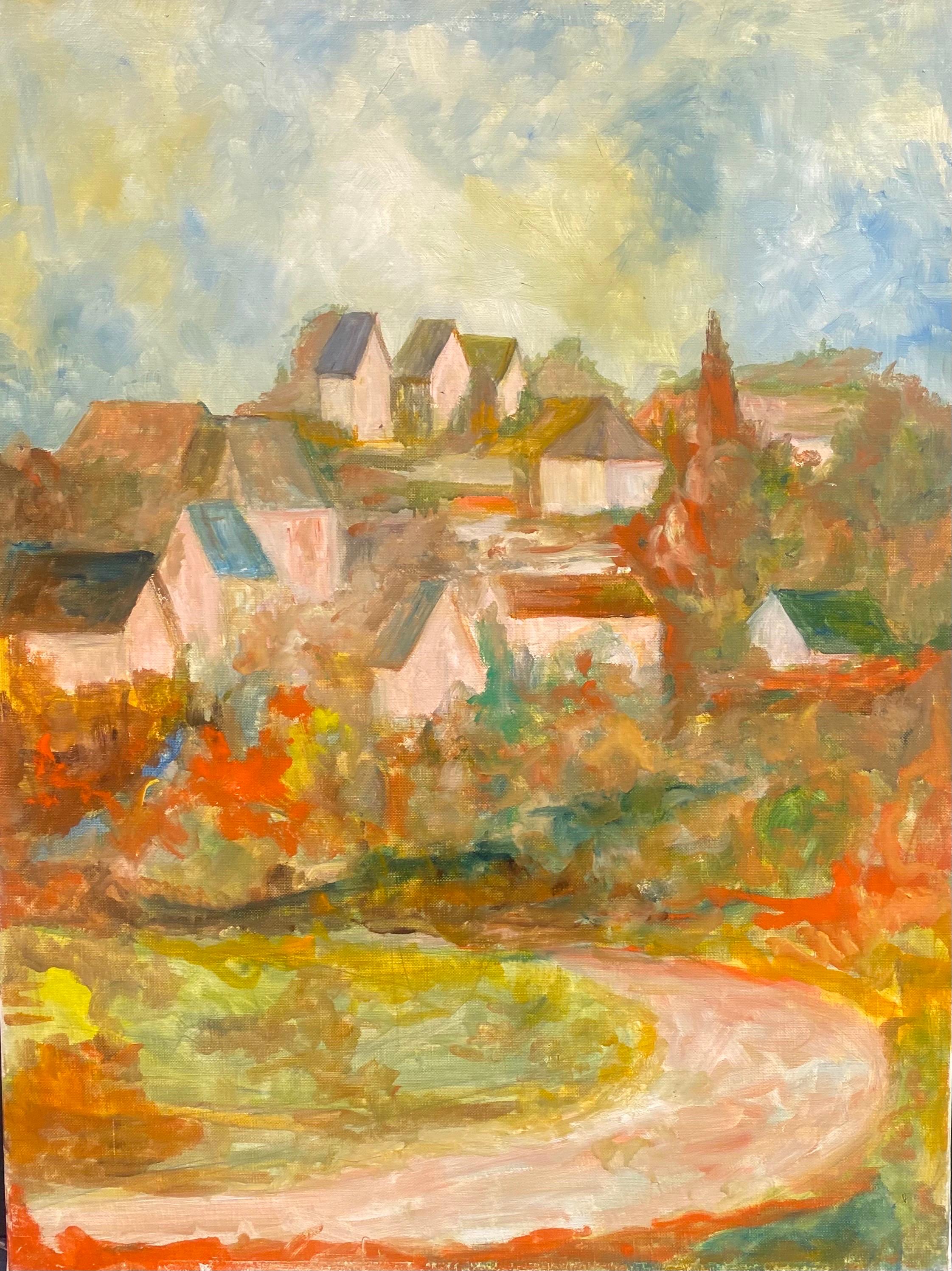 French Impressionist Landscape Painting - Warm Houses in Provencal Landscape, beautiful ochre and green colors