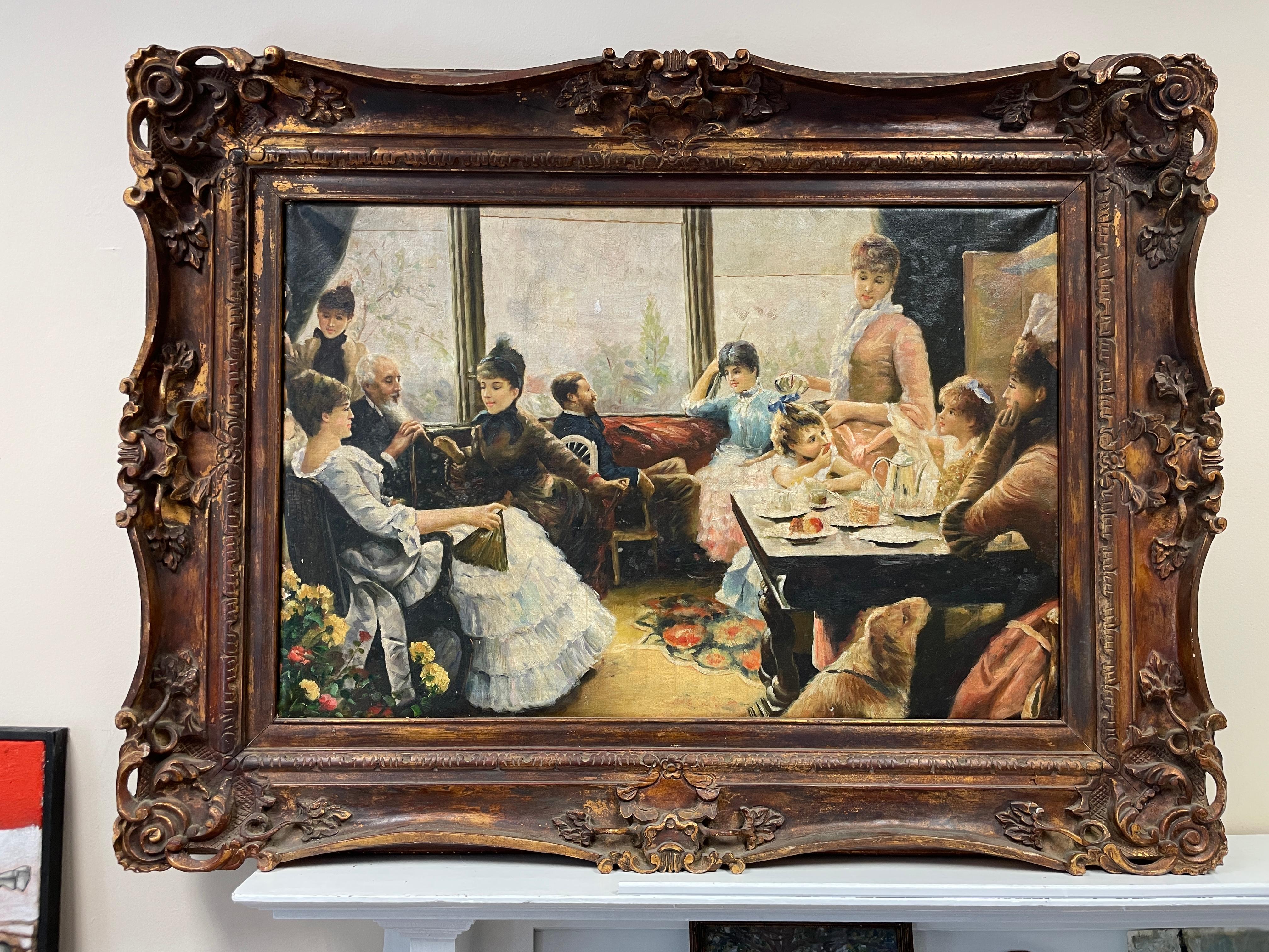 Very Large French Oil Painting Belle Epoque Figures, Huge Frame - Black Interior Painting by French Impressionist