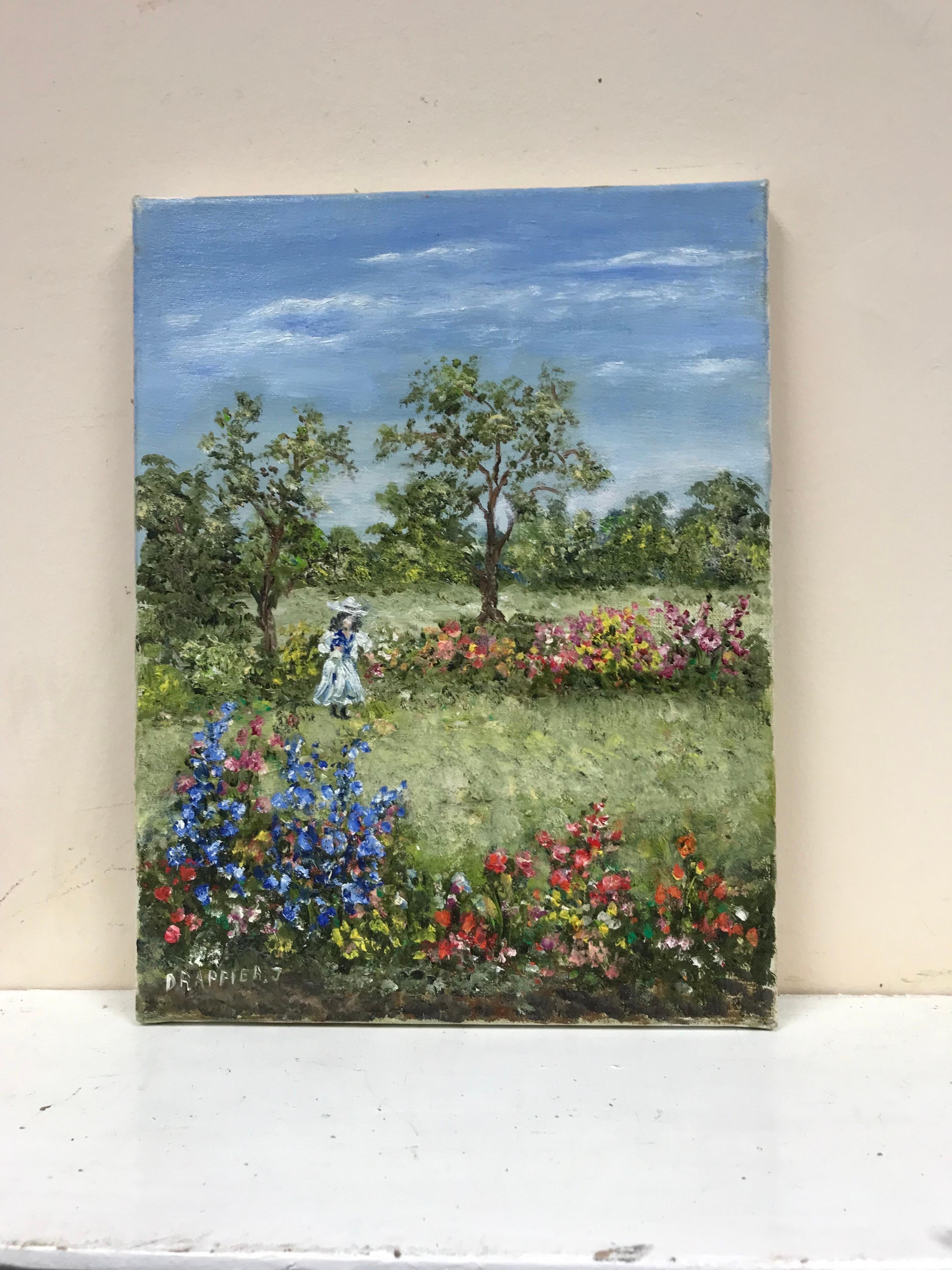 Französischer Impressionist Signiertes Öl, Mädchen pflückt Blumen in einer Wiese – Painting von French Impressionist