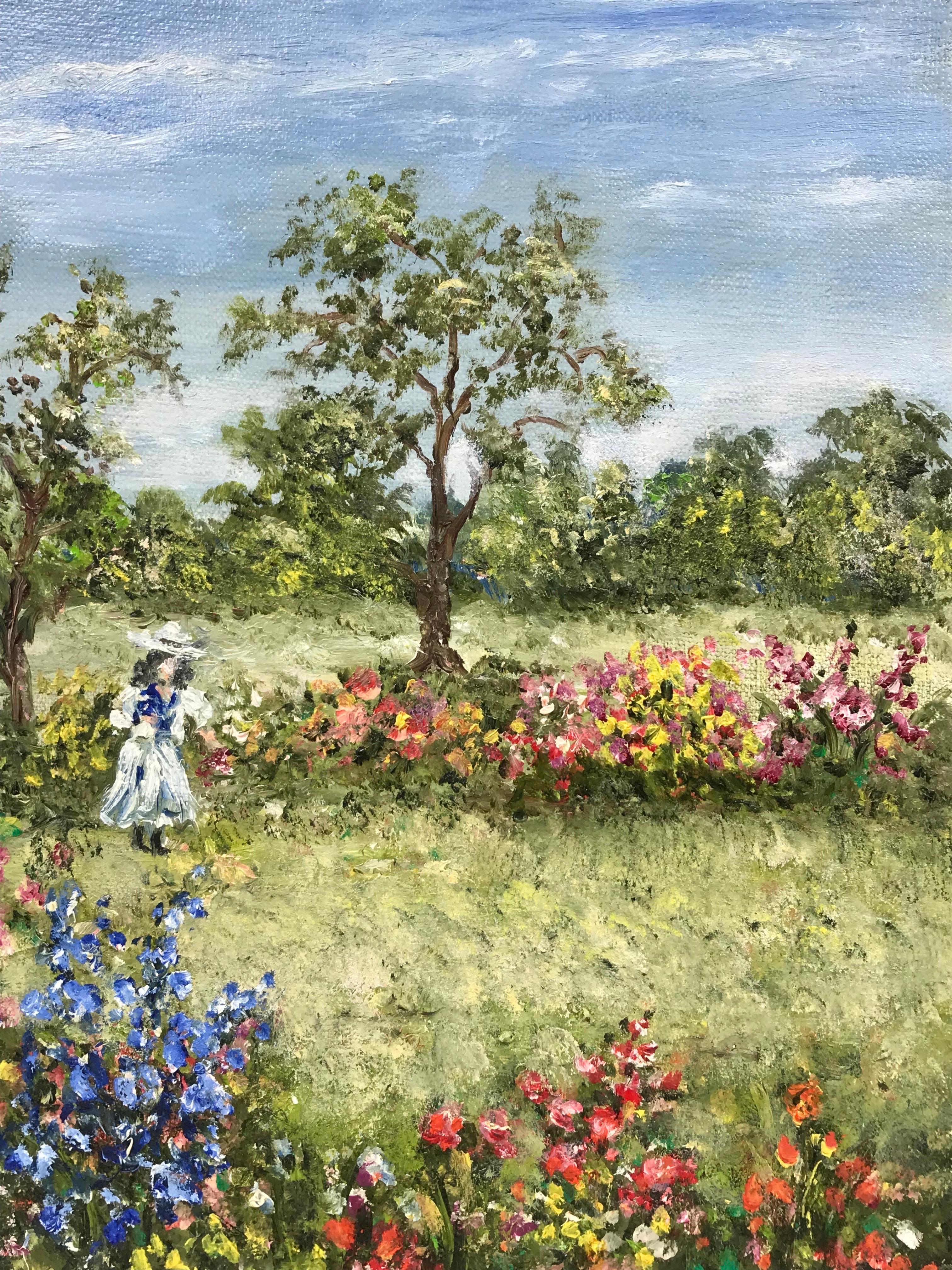 Französischer Impressionist Signiertes Öl, Mädchen pflückt Blumen in einer Wiese (Impressionismus), Painting, von French Impressionist