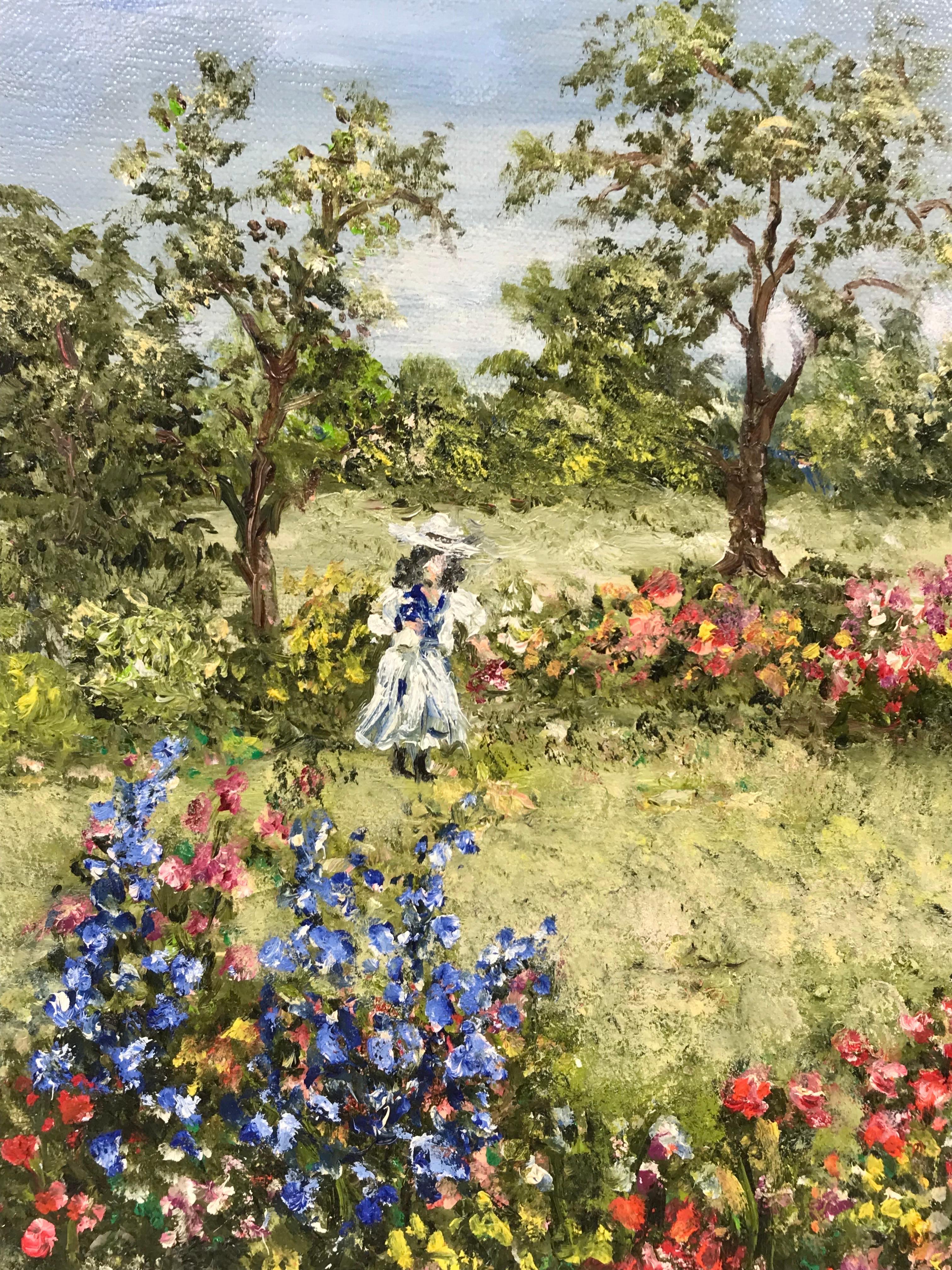 Französischer Impressionist Signiertes Öl, Mädchen pflückt Blumen in einer Wiese (Grau), Figurative Painting, von French Impressionist